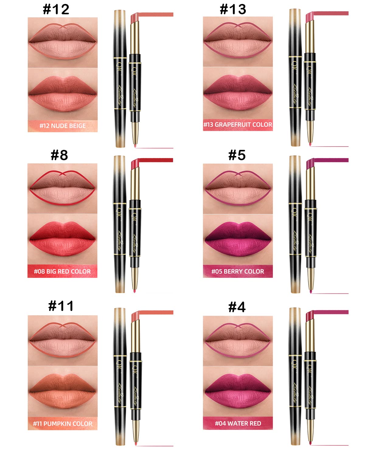 Aseawave 6Pcs Lip Liner & Lipstick Set — Matte, Long-Lasting, Waterproof (Purple Red to Ruby Red)