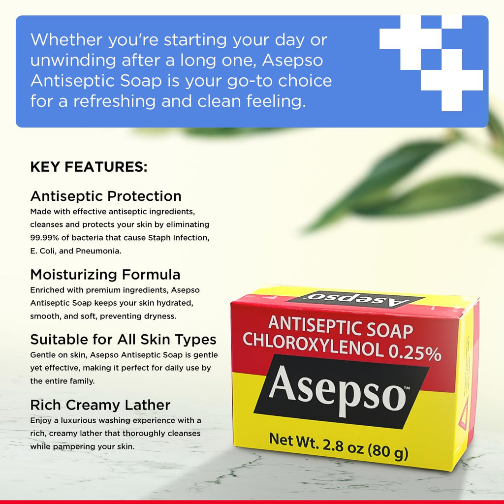 Asepso Antibacterial Original Bar Soap – 4 Pack 80g Each | Gentle Cleansing with Hydration and Classic Scent