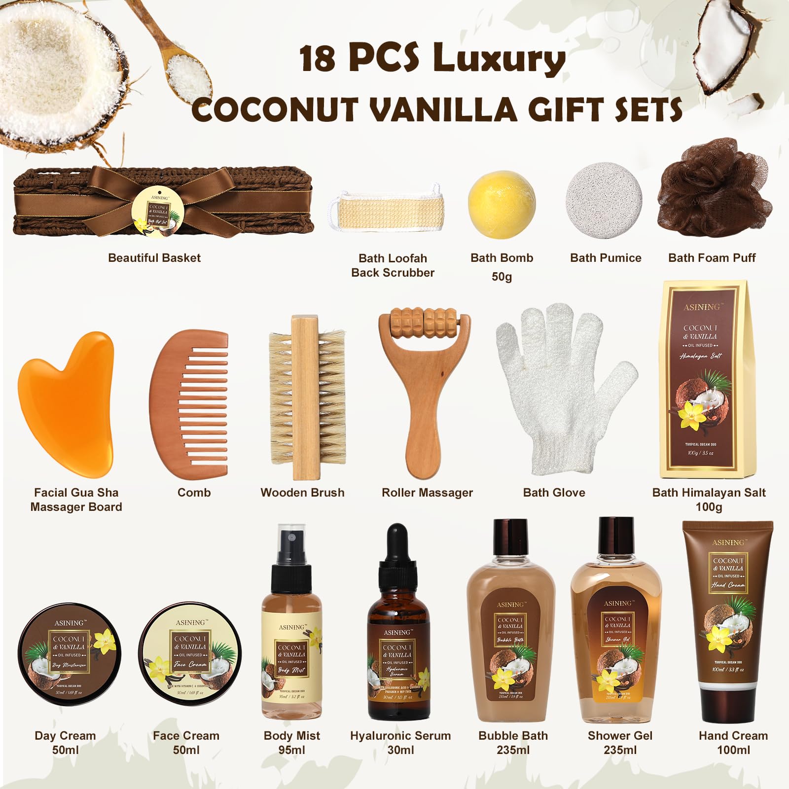 ASINING Spa Basket for Women & Men – Coconut Vanilla Gift Set