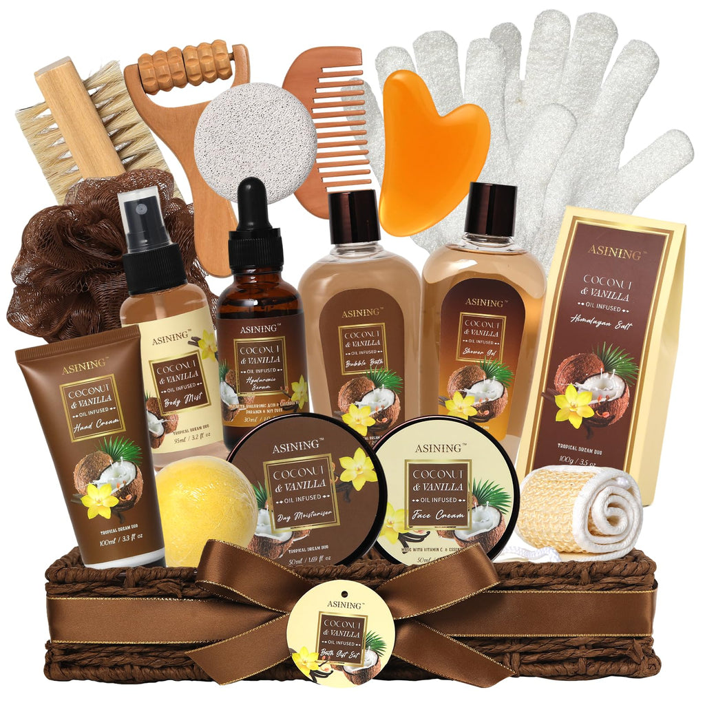 ASINING Spa Basket for Women & Men – Coconut Vanilla Gift Set