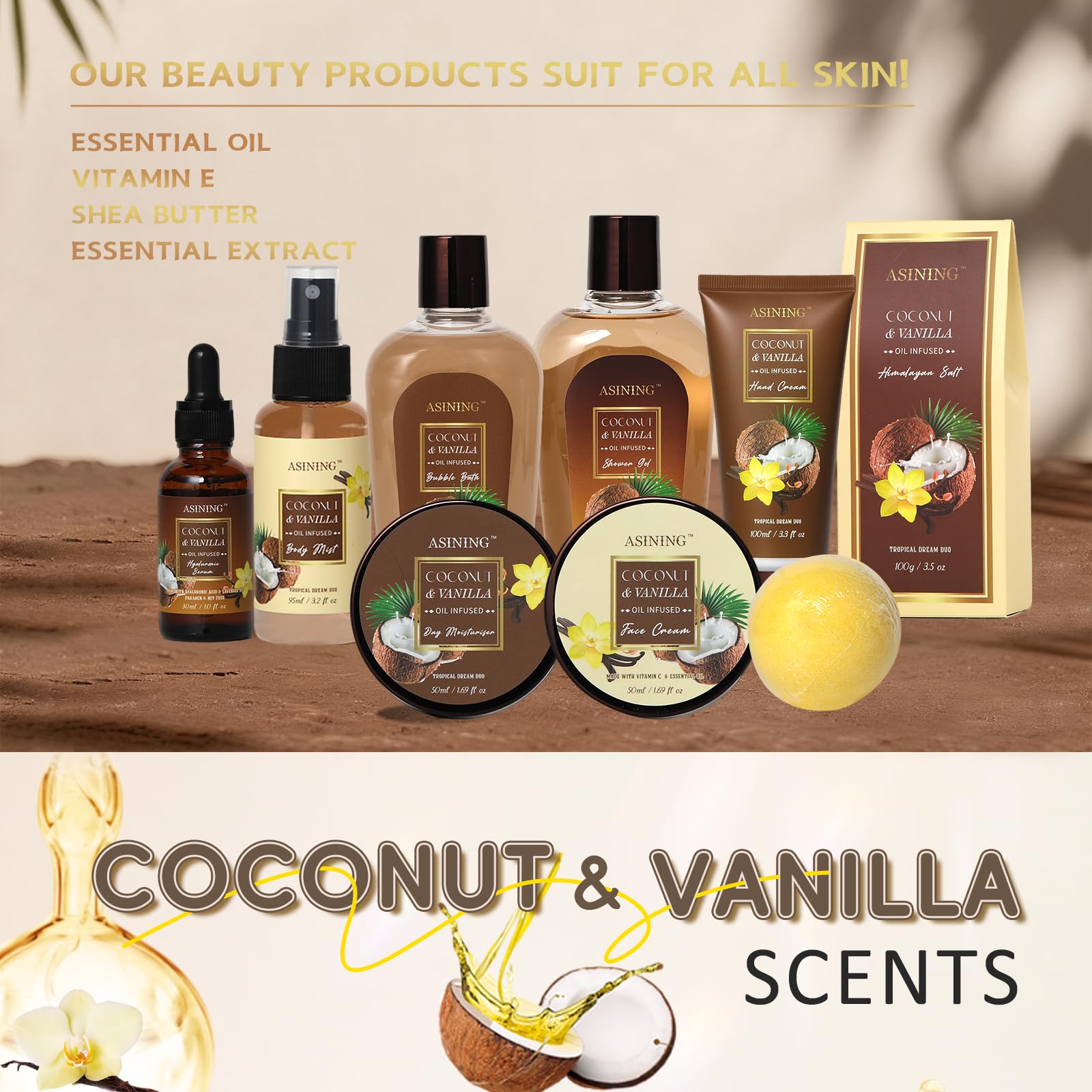 ASINING Spa Basket for Women & Men – Coconut Vanilla Gift Set