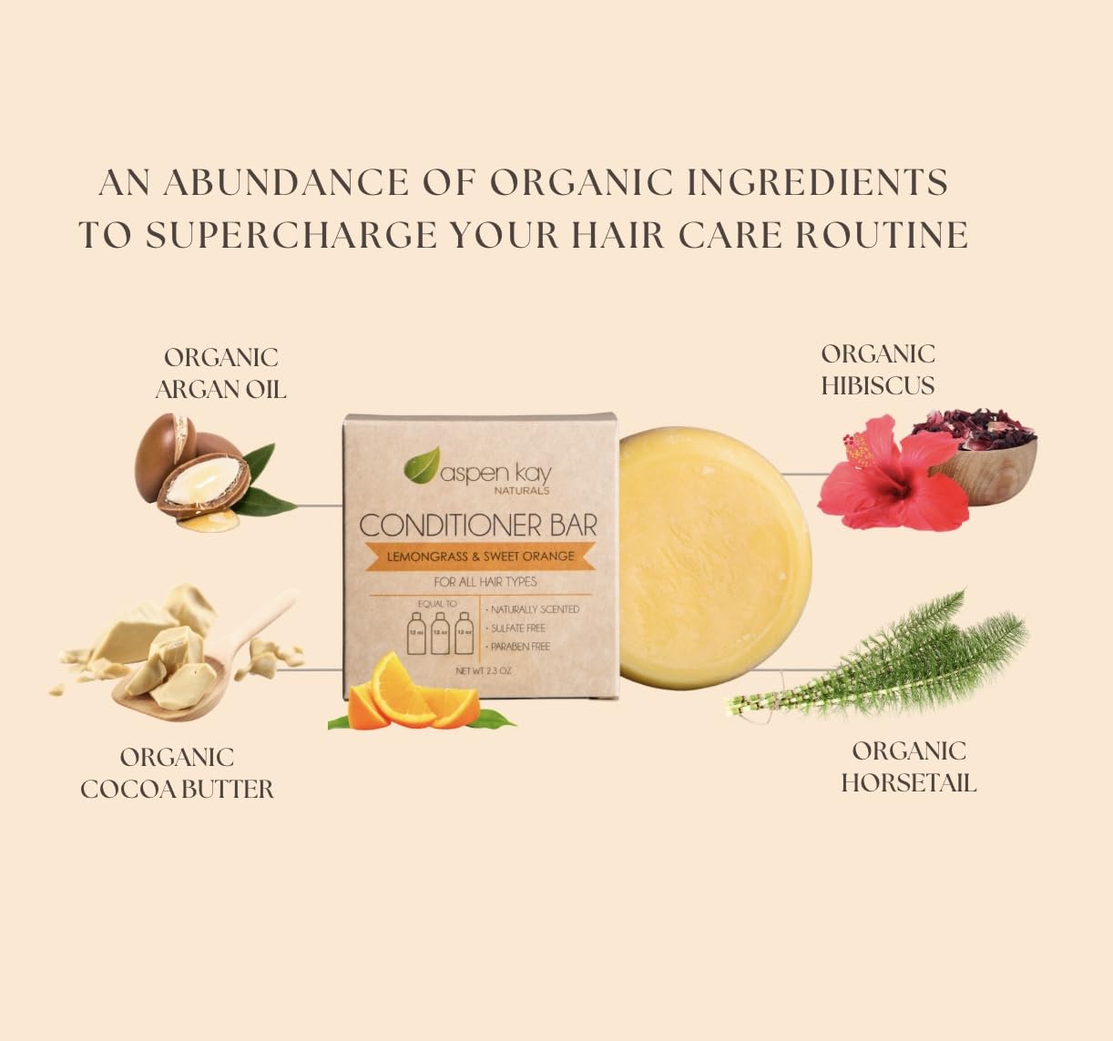 Aspen Kay Naturals Lemongrass Conditioner Bar, 2.3 oz – Organic, Sulfate-Free, Vegan