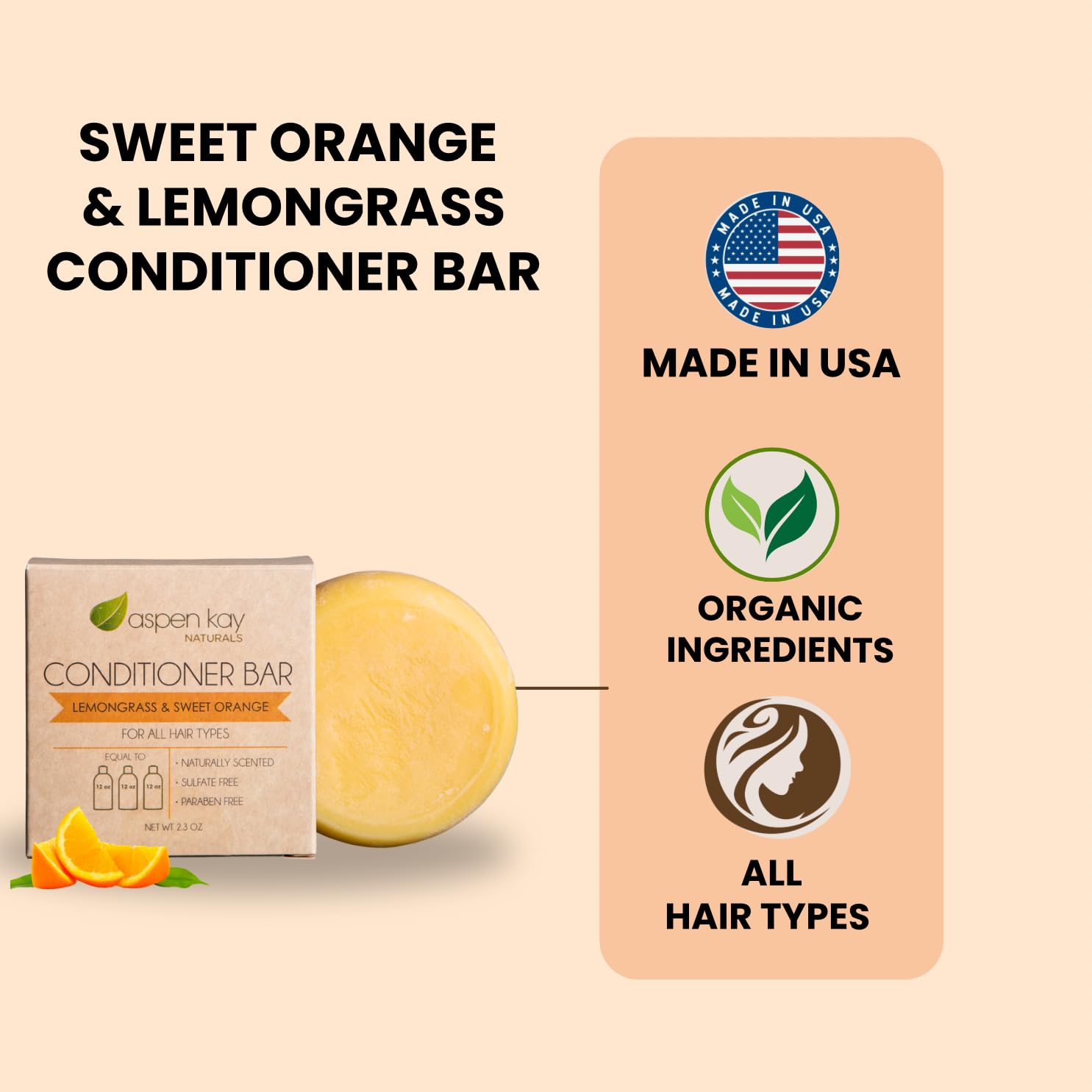 Aspen Kay Naturals Lemongrass Conditioner Bar, 2.3 oz – Organic, Sulfate-Free, Vegan