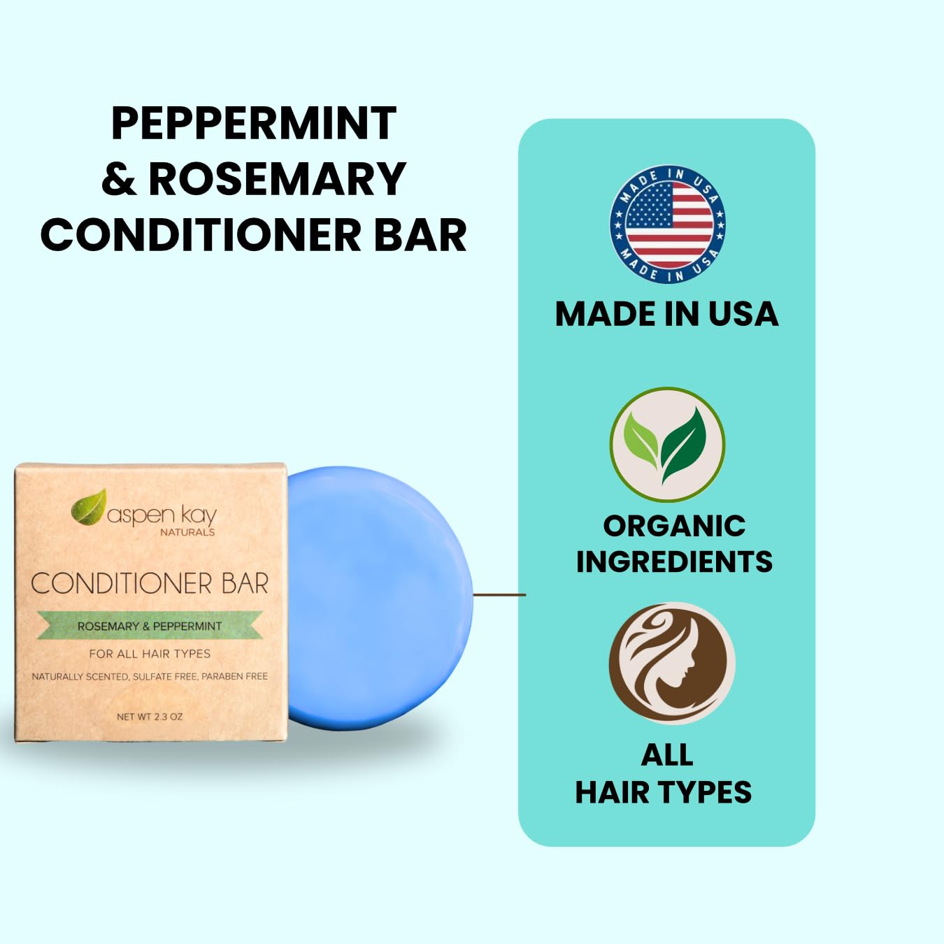Aspen Kay Naturals Conditioner Bar – Organic & All Hair Types, Rosemary & Peppermint, 2.3 oz