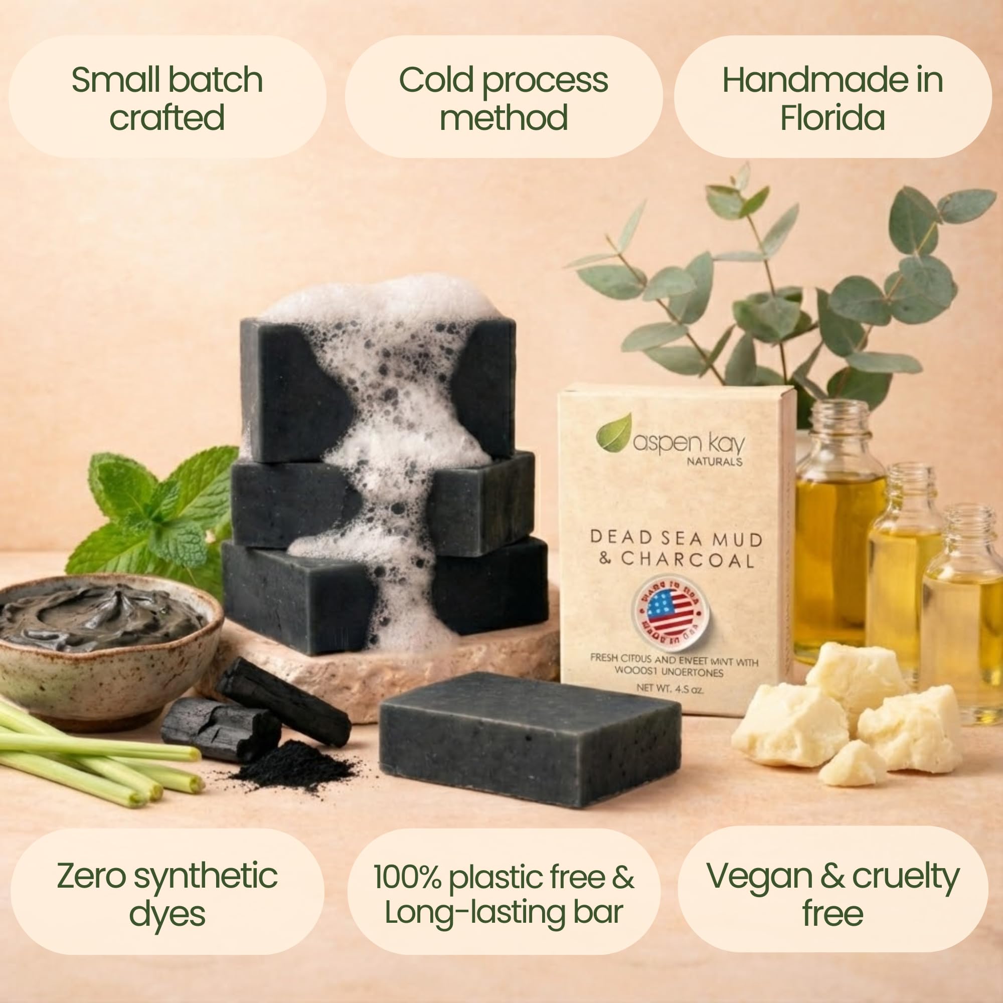 Aspen Kay Naturals Handmade Dead Sea Mud Soap Bar with Activated Charcoal – 4.5 oz