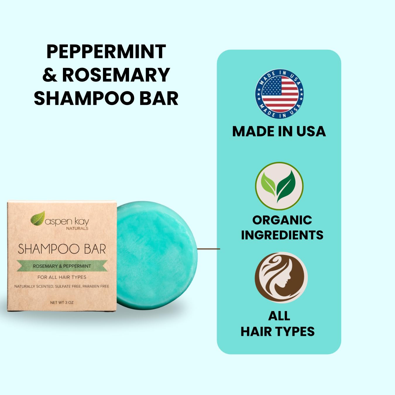 Aspen Kay Naturals Solid Shampoo Bar – Rosemary & Peppermint, 3 oz | Sulfate-Free & Vegan