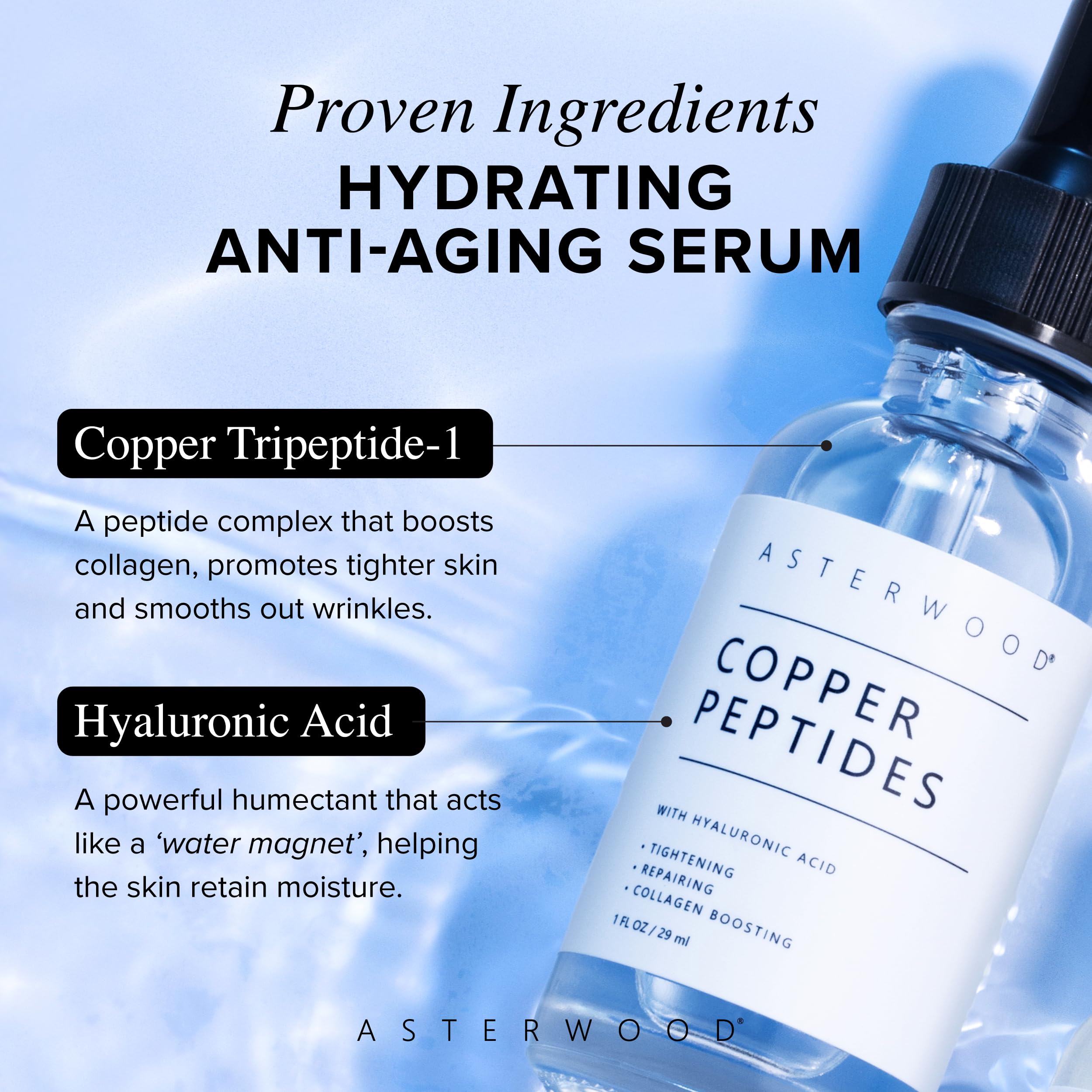 Asterwood Copper Peptides Serum for Face – GHK-Cu + Hyaluronic Acid | Tightening & Hydration | 2 oz