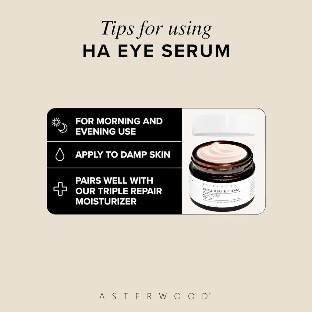 Asterwood Hyaluronic Acid Eye Serum with Matrixyl 3000, Niacinamide & Caffeine – Reduces Undereye Bags, Dark Circles & Fine Lines