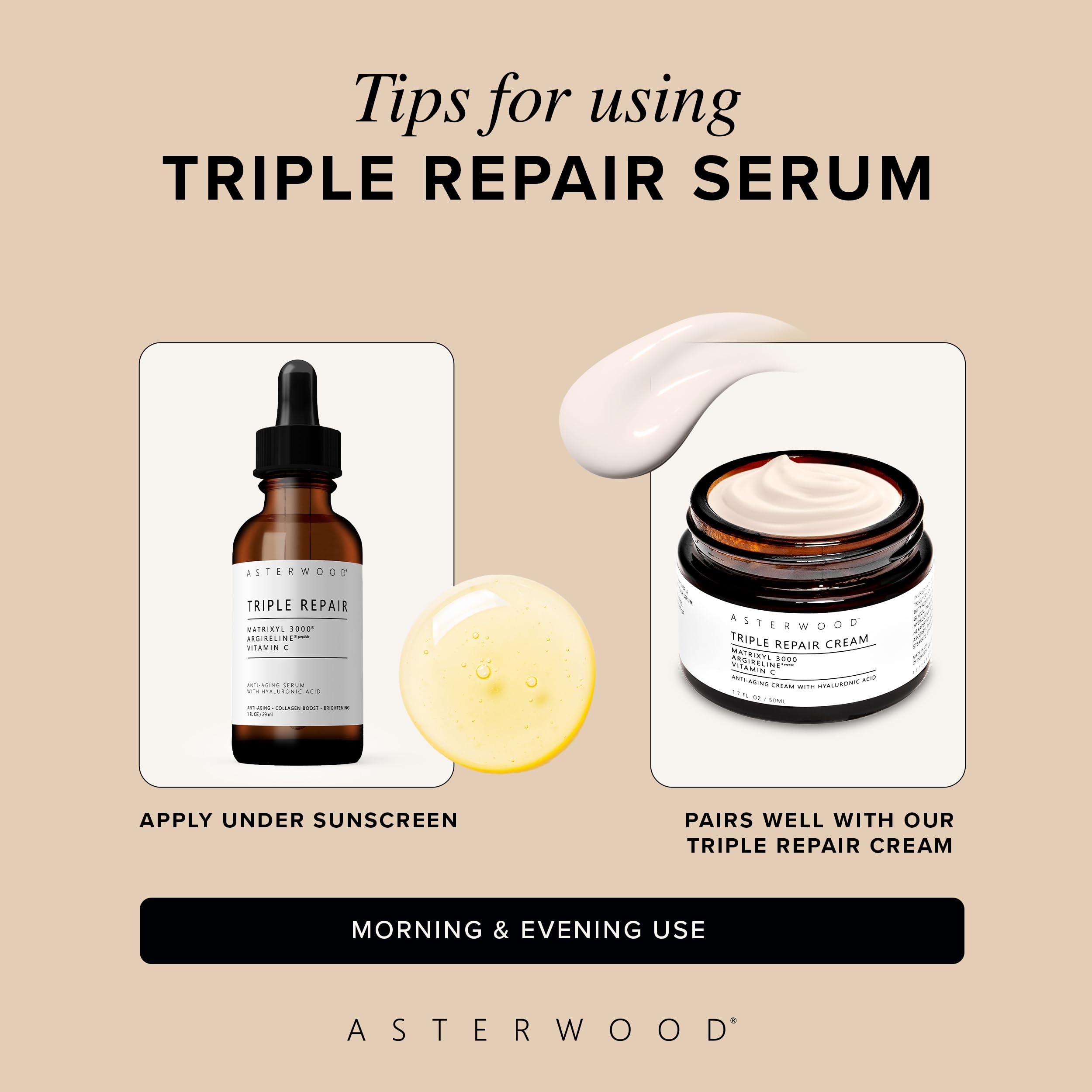 Asterwood Triple Repair Serum – Matrixyl 3000 + Argireline + Hyaluronic Acid + Vitamin C (Fragrance-Free) – 8 Fl Oz