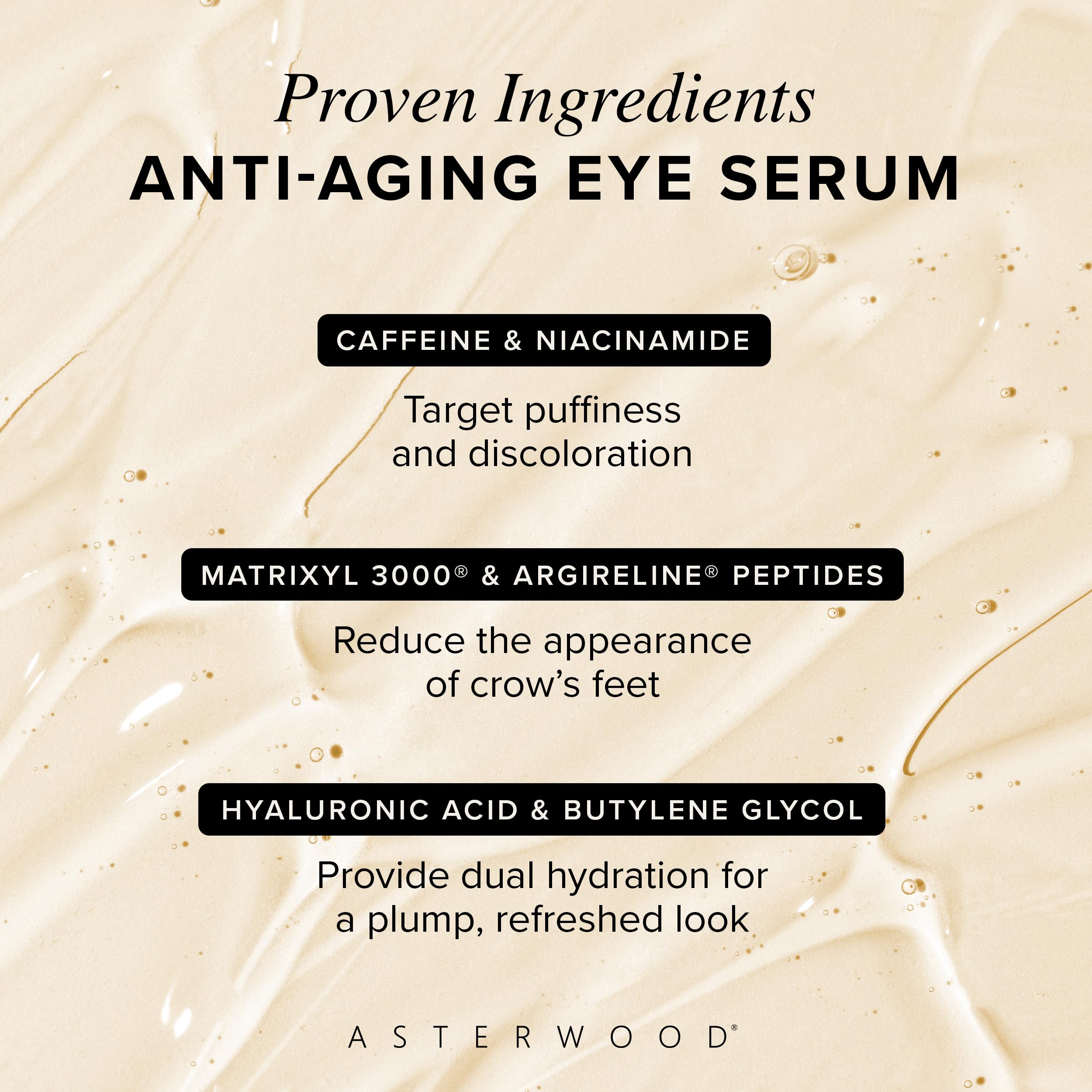 Asterwood Hyaluronic Acid Eye Serum with Matrixyl 3000, Niacinamide & Caffeine – Reduces Undereye Bags, Dark Circles & Fine Lines