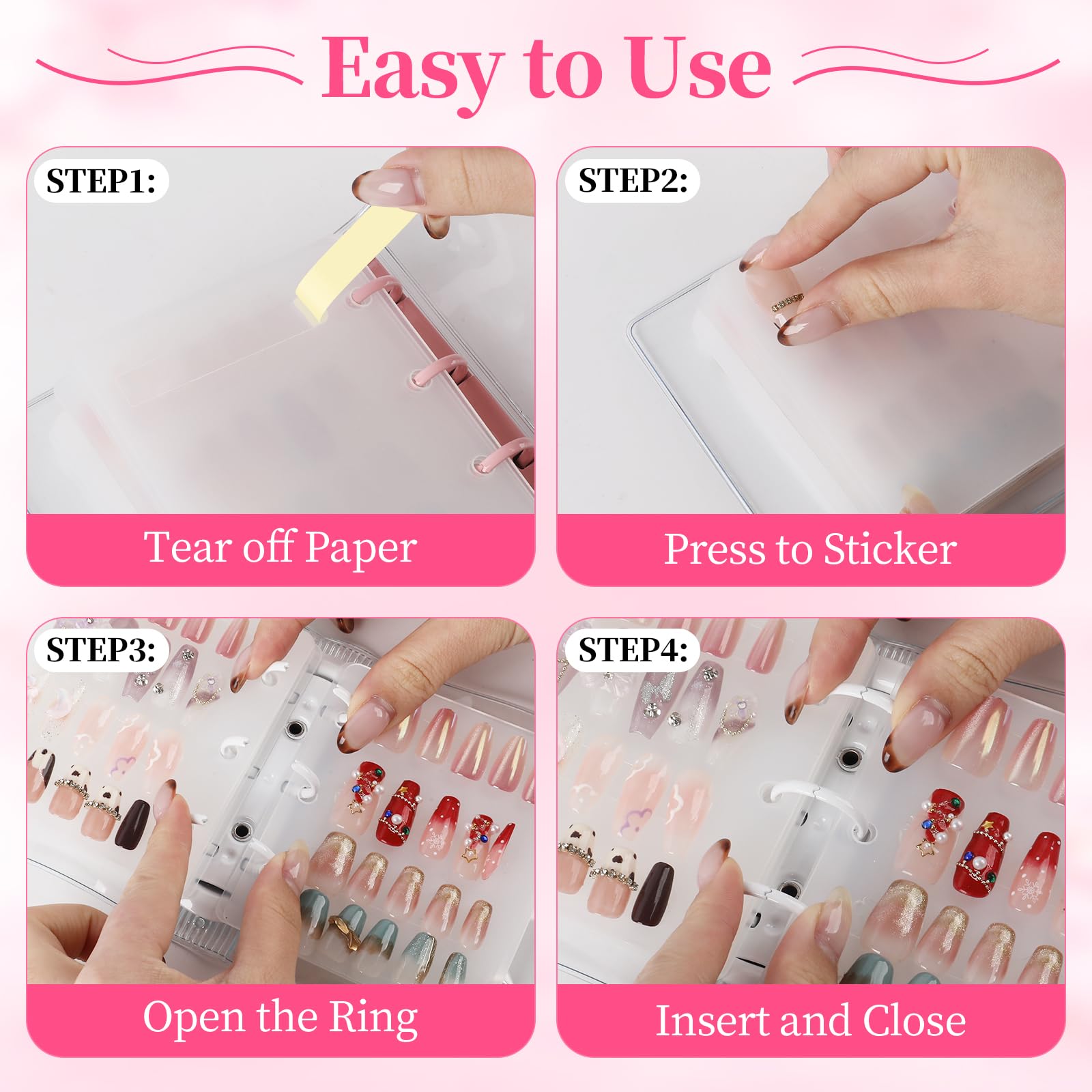 ASTONFOG Press On Nail Organizer – 2-Piece Nail Binder Book with 12 Inserts (A8), Pink & White