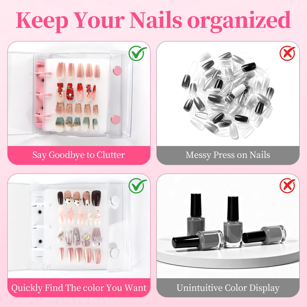 ASTONFOG Press On Nail Organizer – 2-Piece Nail Binder Book with 12 Inserts (A8), Pink & White