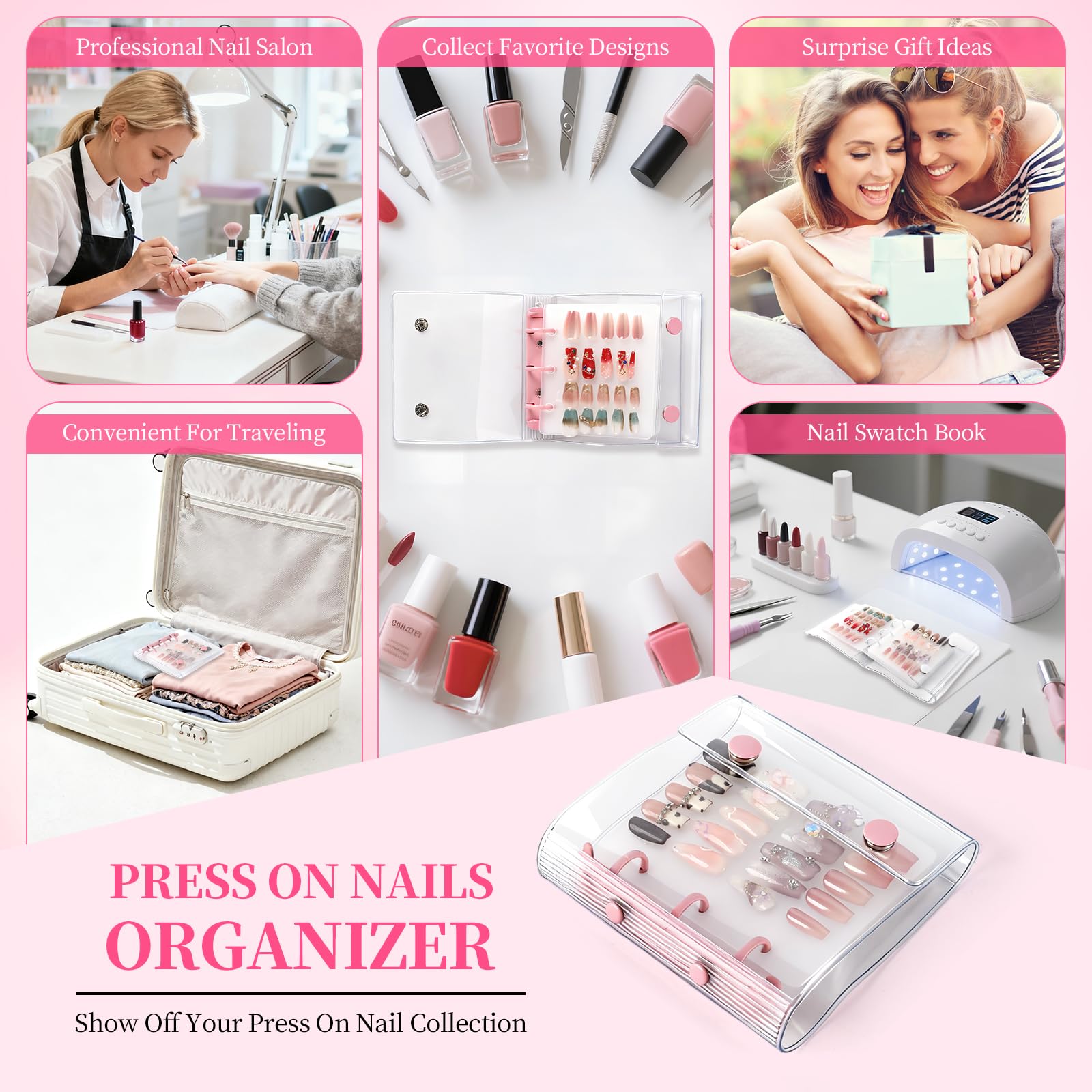 ASTONFOG Press On Nail Organizer – 2-Piece Nail Binder Book with 12 Inserts (A8), Pink & White