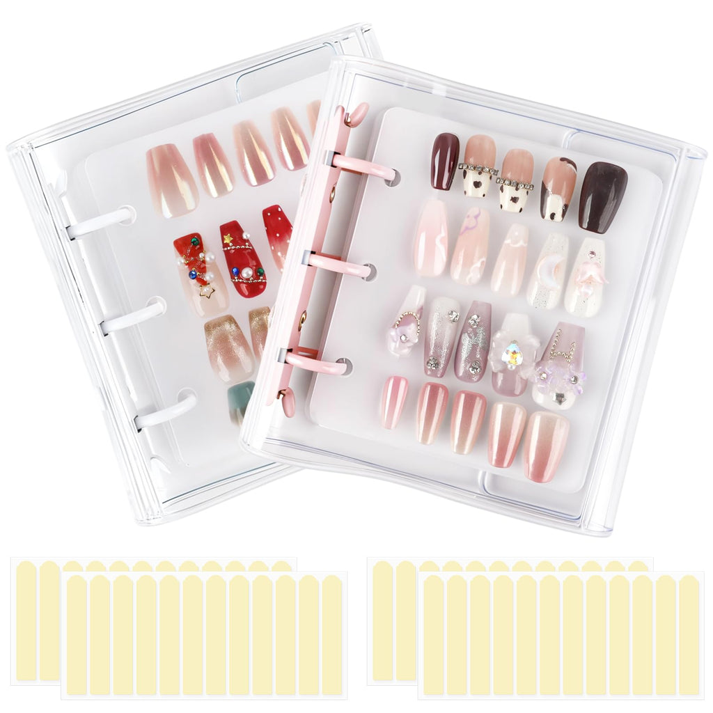 ASTONFOG Press On Nail Organizer – 2-Piece Nail Binder Book with 12 Inserts (A8), Pink & White