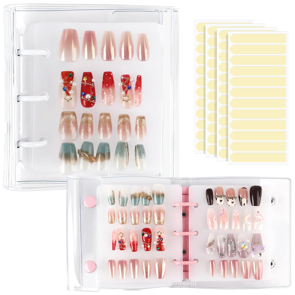 ASTONFOG Press On Nail Organizer – 2-Piece Nail Binder Book with 12 Inserts (A8), Pink & White