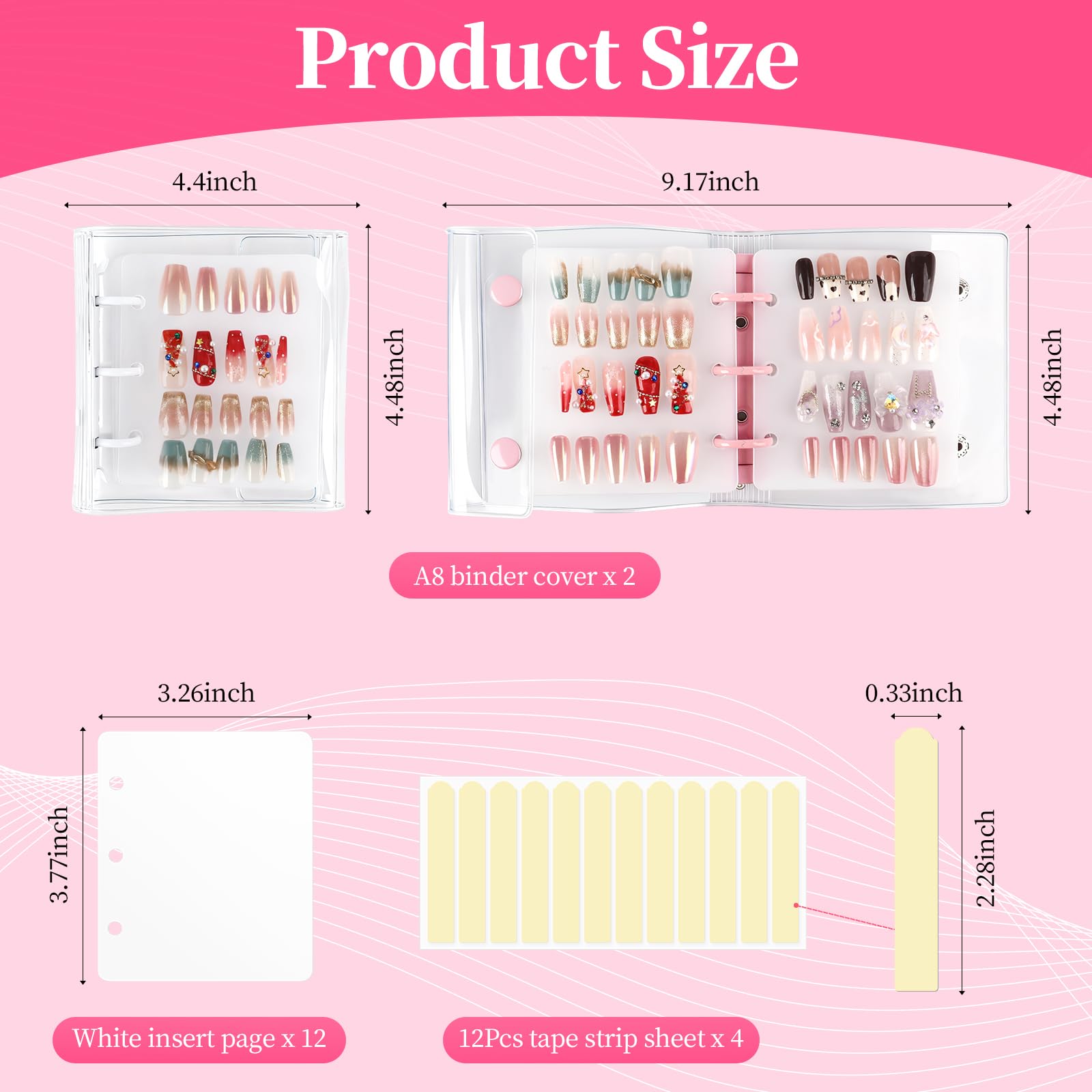 ASTONFOG Press On Nail Organizer – 2-Piece Nail Binder Book with 12 Inserts (A8), Pink & White