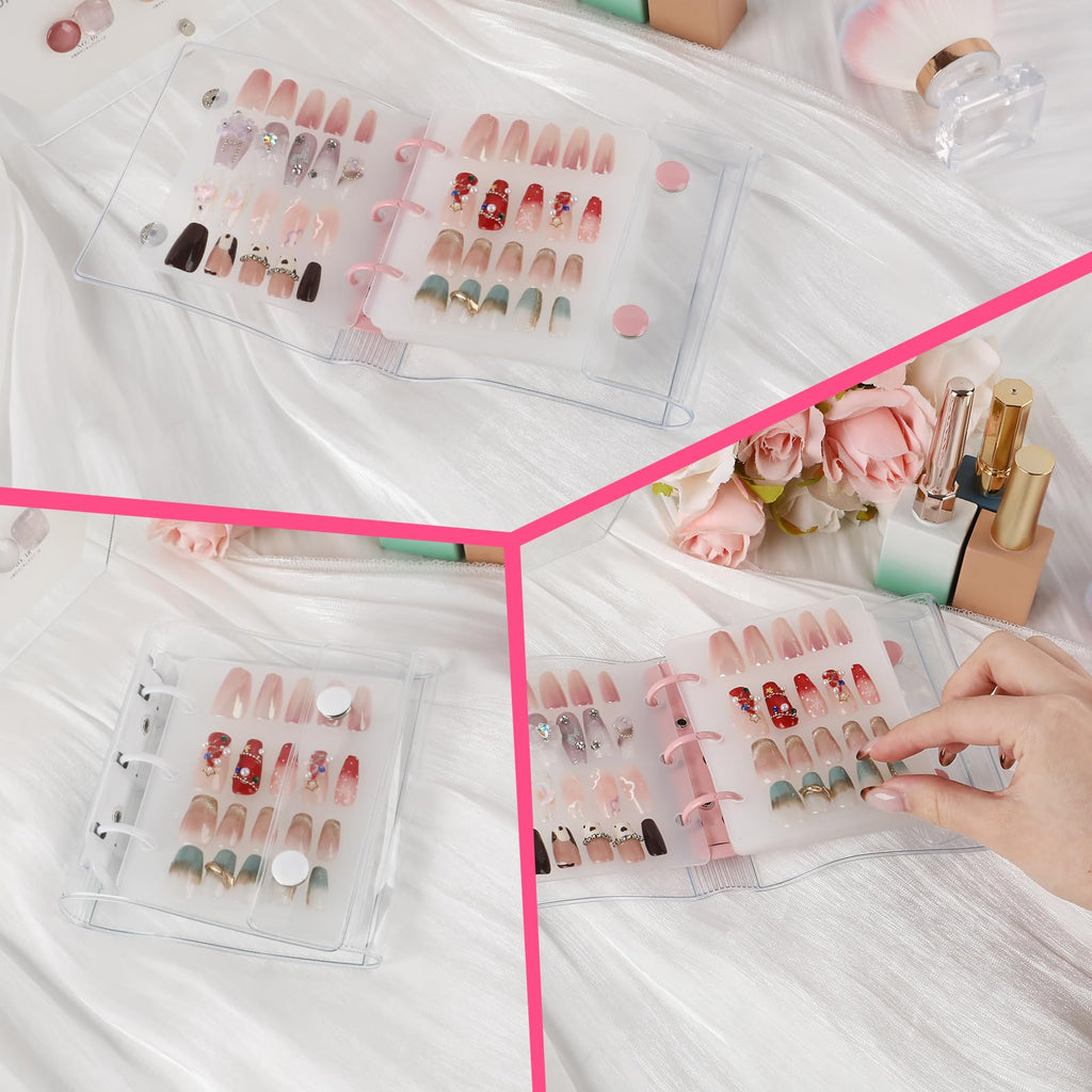 ASTONFOG Press On Nail Organizer – 2-Piece Nail Binder Book with 12 Inserts (A8), Pink & White