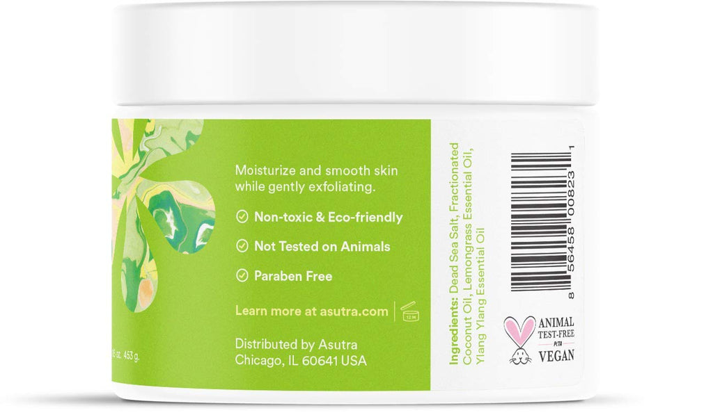 ASUTRA Dead Sea Salt Body Scrub - Lemongrass, Coconut and Ylang Ylang, 16 oz