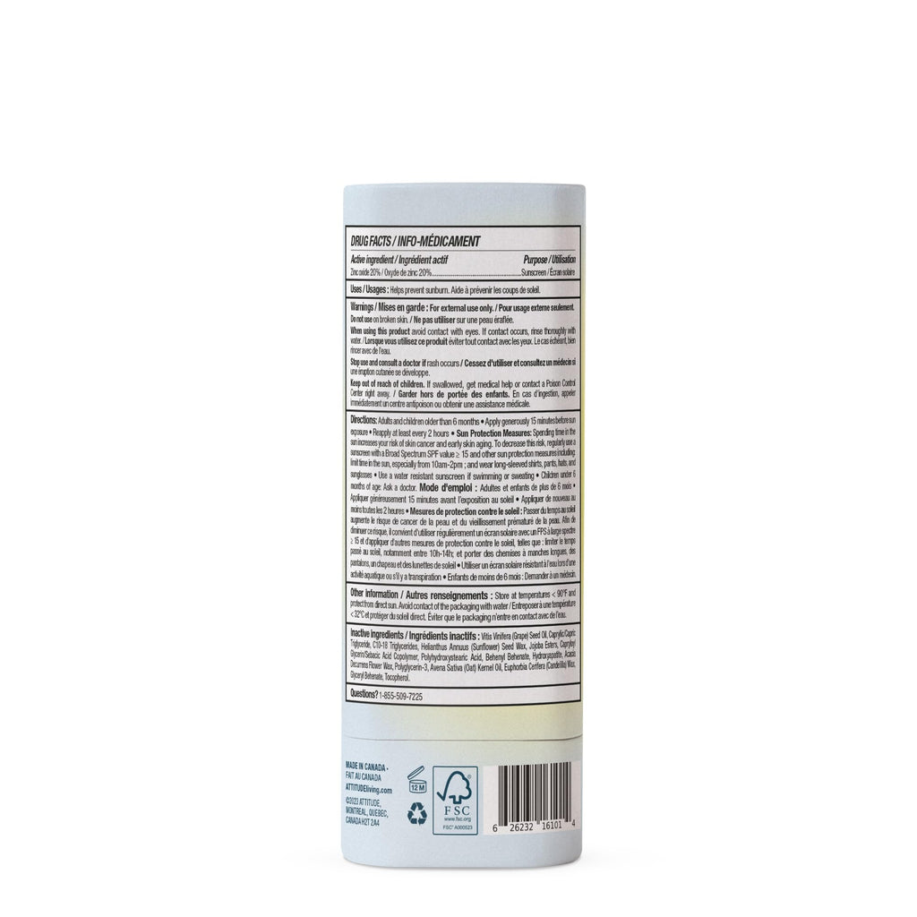 ATTITUDE Mineral Sunscreen Face Stick SPF 30 for Sensitive Skin — EWG Verified, Plastic-Free