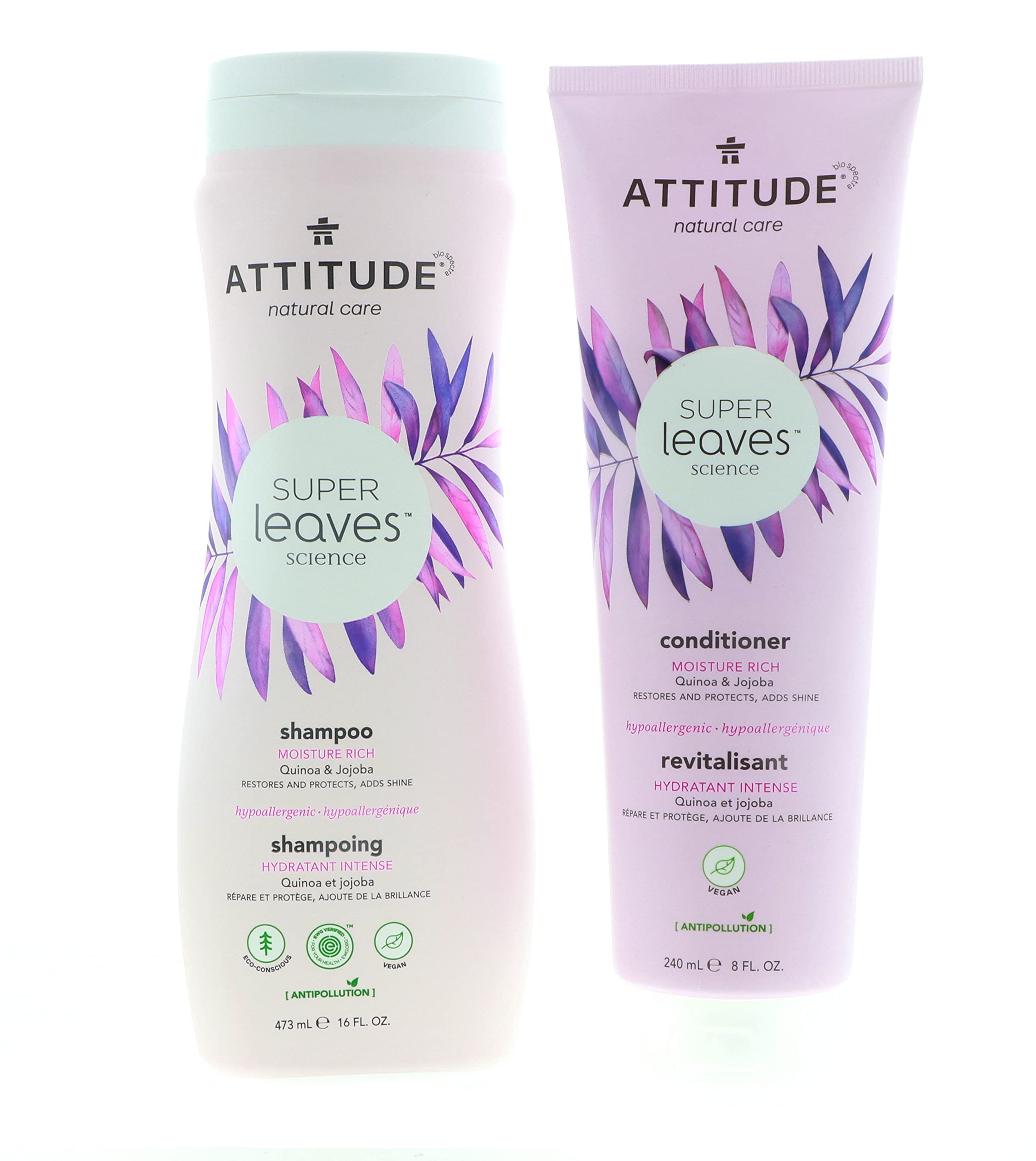 ATTITUDE Super Leaves Moisture Rich Shampoo & Conditioner Bundle – Quinoa, Jojoba, Moringa & Jasmine (16 oz + 8 oz) | EWG Verified