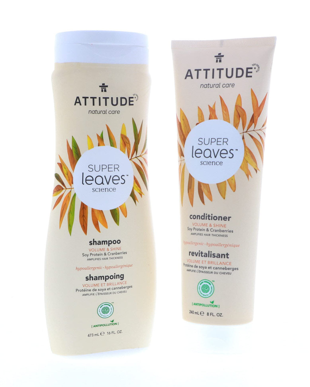 ATTITUDE Super Leaves Volume & Shine Shampoo & Conditioner Bundle – Soy Protein, Cranberries, Vitamin B5 | 16 oz + 8 oz
