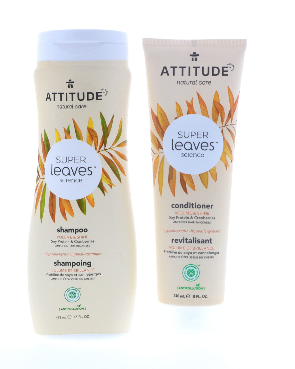 ATTITUDE Super Leaves Volume & Shine Shampoo & Conditioner Bundle – Soy Protein, Cranberries, Vitamin B5 | 16 oz + 8 oz