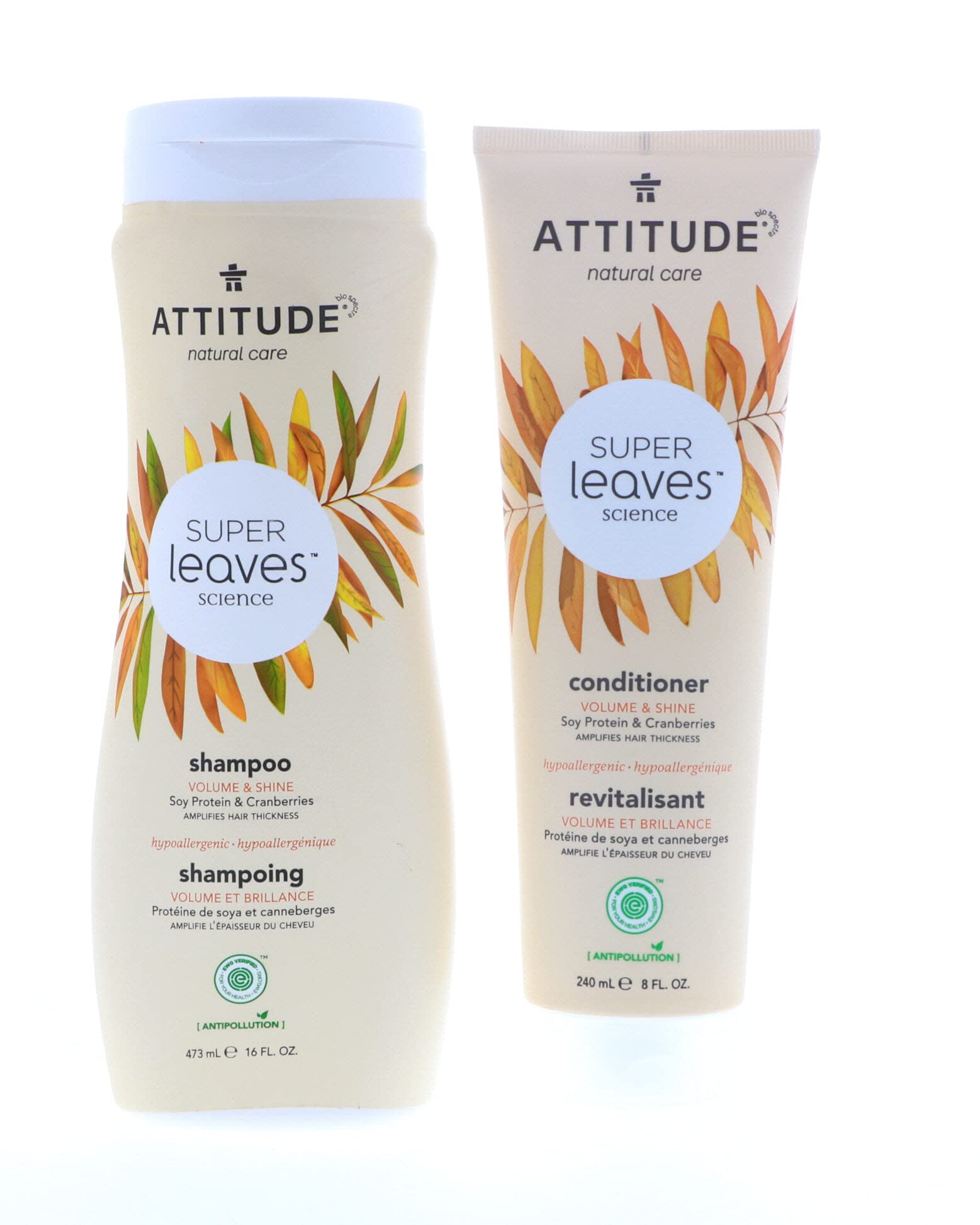 ATTITUDE Super Leaves Volume & Shine Shampoo & Conditioner Bundle – Soy Protein, Cranberries, Vitamin B5 | 16 oz + 8 oz
