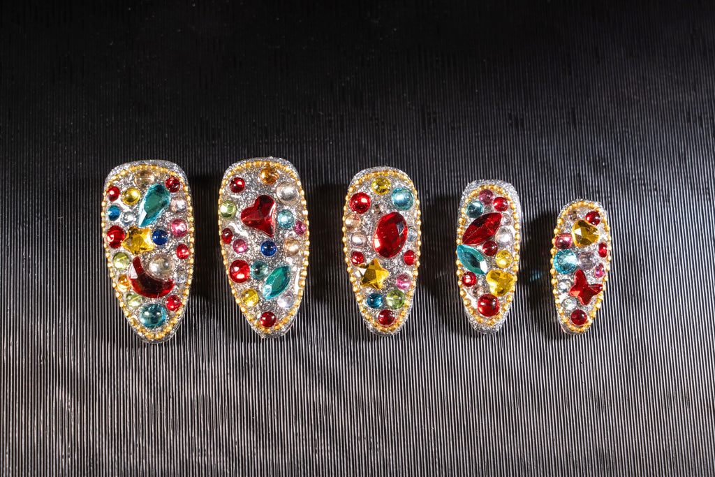 Atuhua 24Pcs Handmade Press-On Nails with Bling Rhinestones – Almond Medium Length, Colorful Design