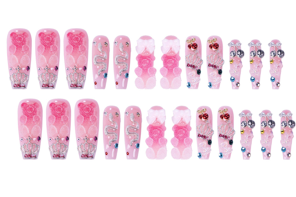 Atuhua 24Pcs Handmade Press-On Nails – 3D Pink Long Length Square Nails with Crystals
