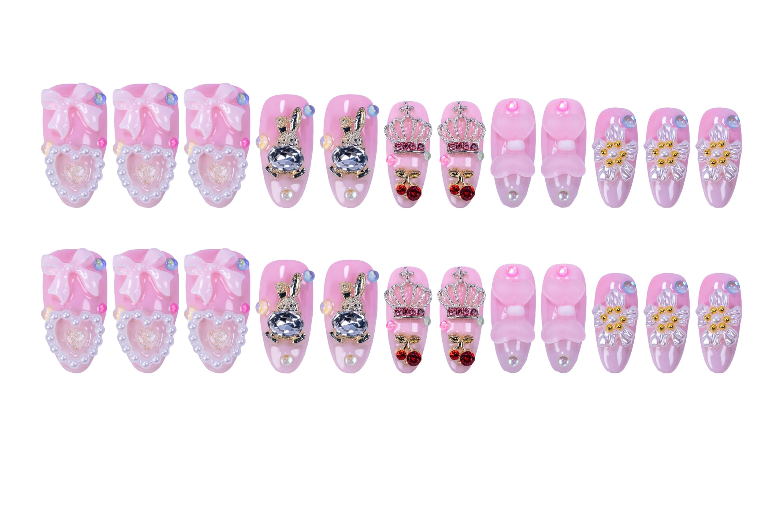 Atuhua 24Pcs Handmade Press On Nails – 3D Pink Bow, Almond Length