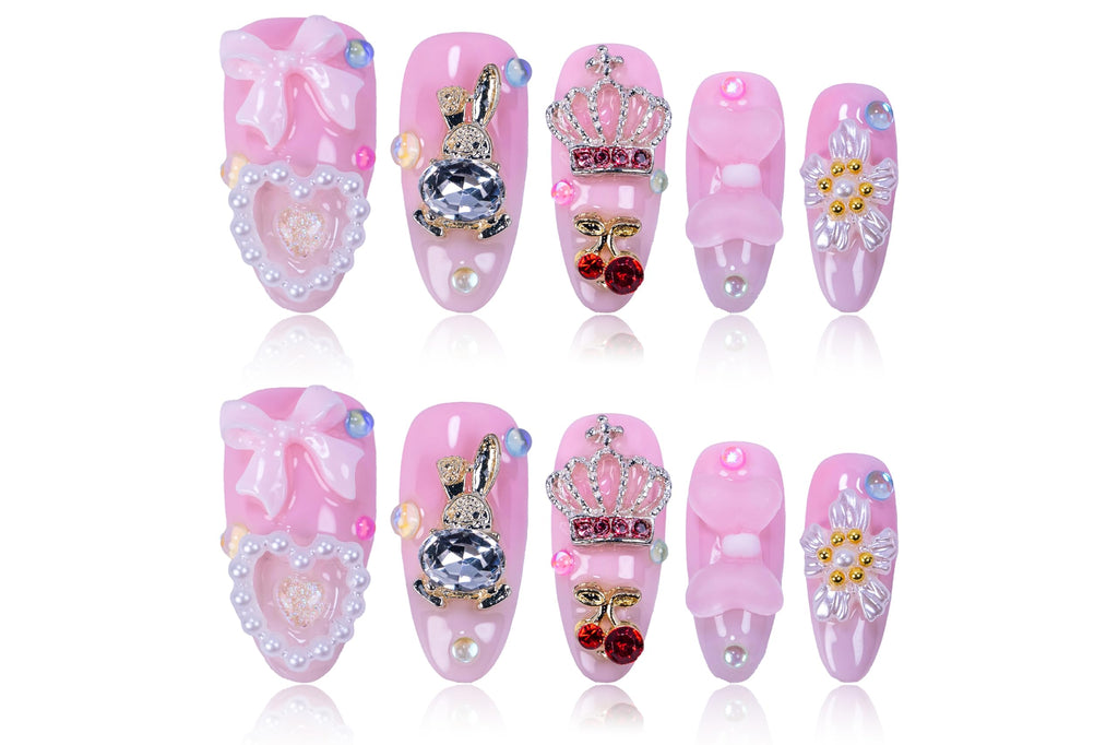 Atuhua 24Pcs Handmade Press On Nails – 3D Pink Bow, Almond Length