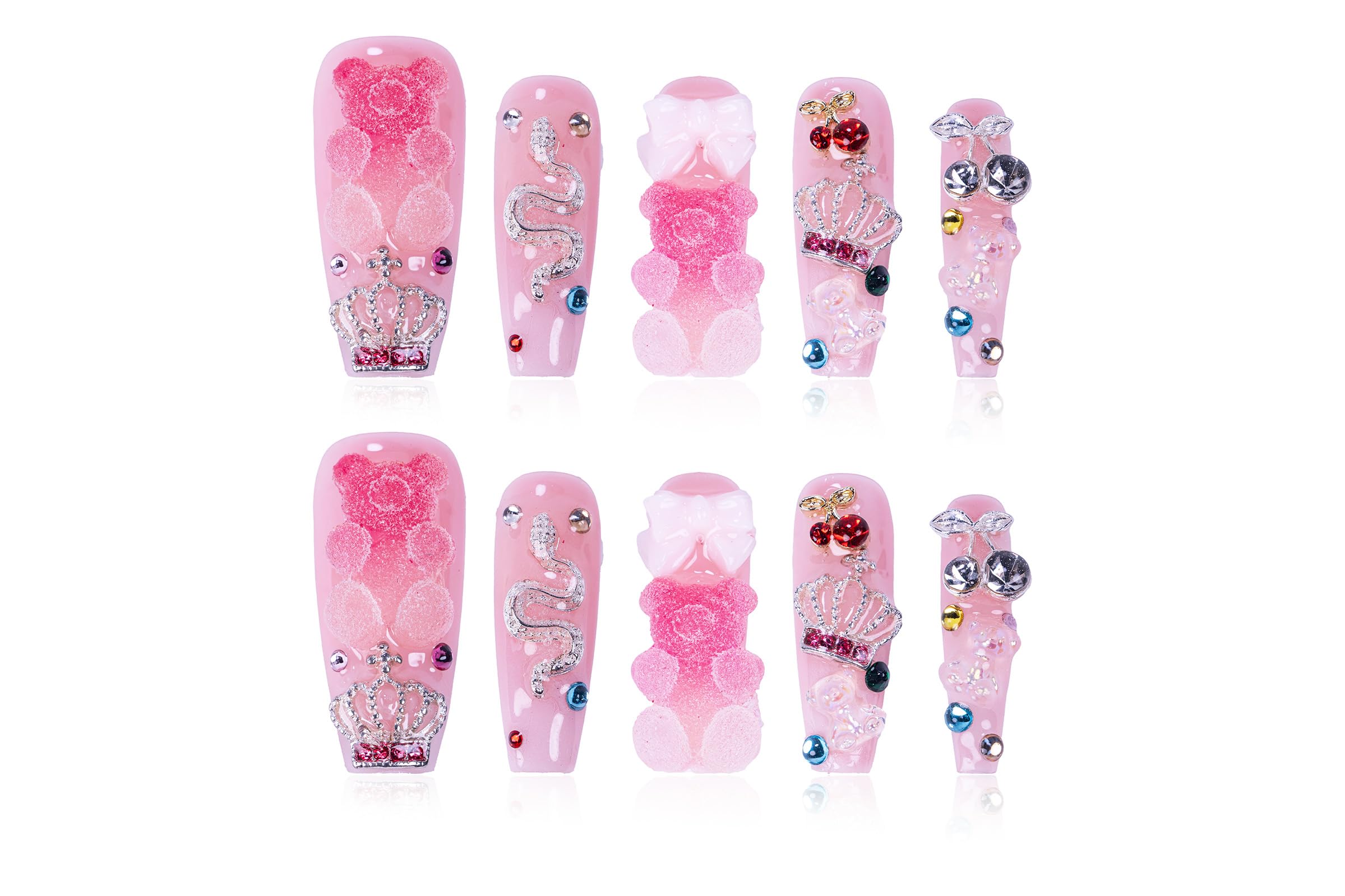 Atuhua 24Pcs Handmade Press-On Nails – 3D Pink Long Length Square Nails with Crystals
