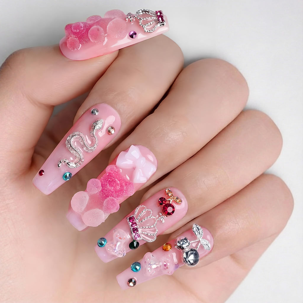 Atuhua 24Pcs Handmade Press-On Nails – 3D Pink Long Length Square Nails with Crystals