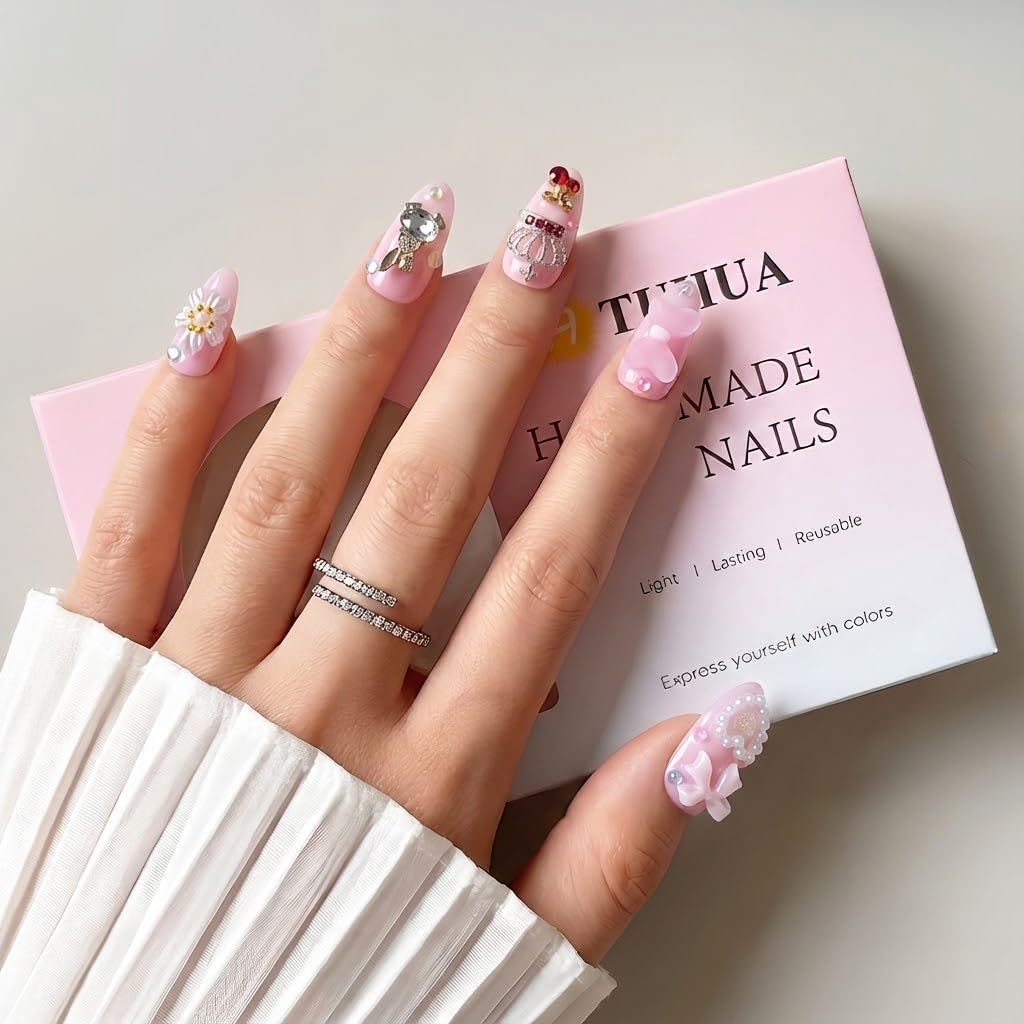 Atuhua 24Pcs Handmade Press On Nails – 3D Pink Bow, Almond Length