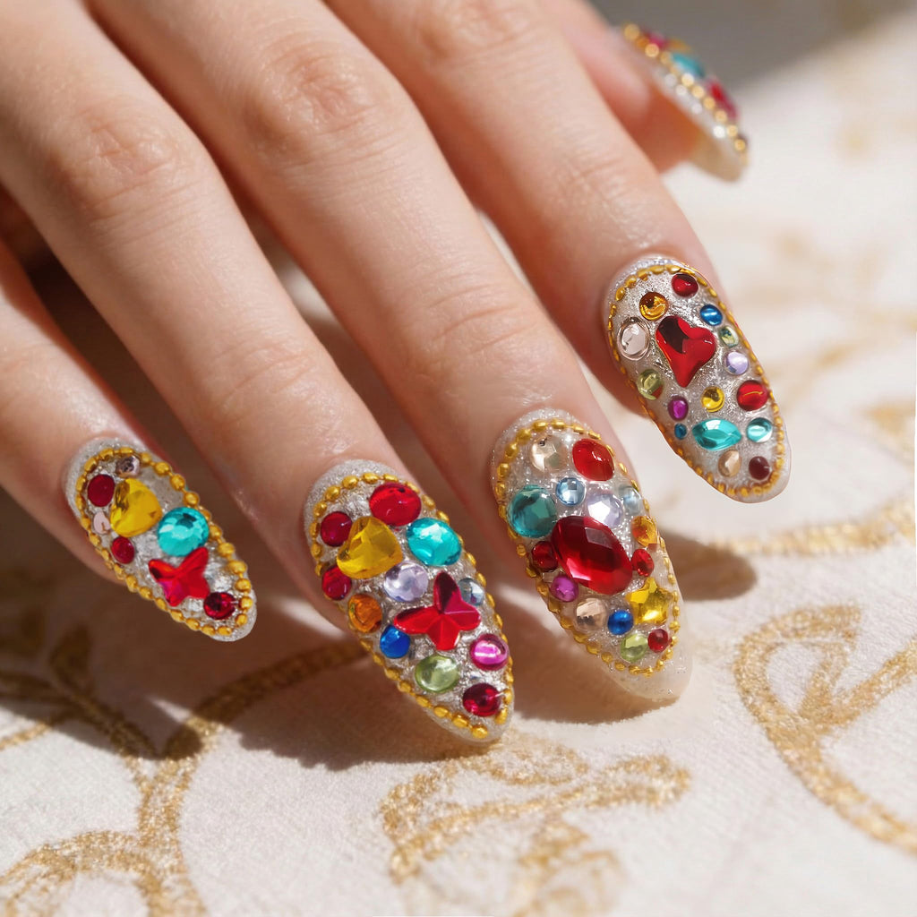 Atuhua 24Pcs Handmade Press-On Nails with Bling Rhinestones – Almond Medium Length, Colorful Design