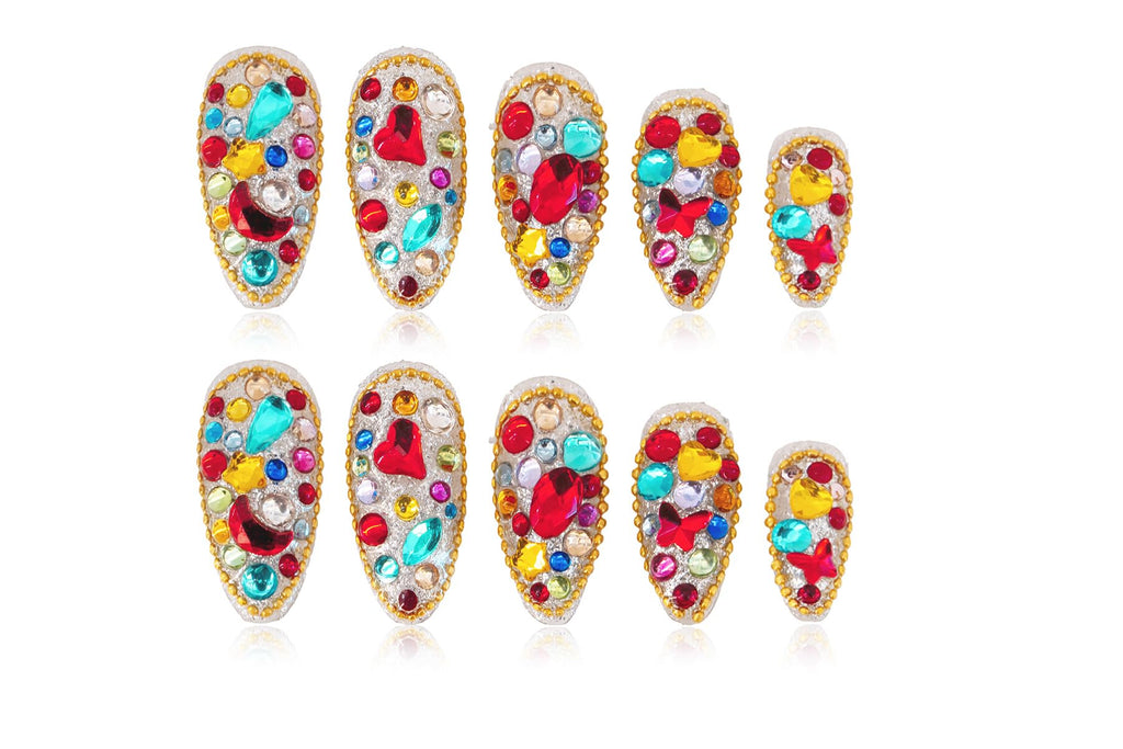 Atuhua 24Pcs Handmade Press-On Nails with Bling Rhinestones – Almond Medium Length, Colorful Design