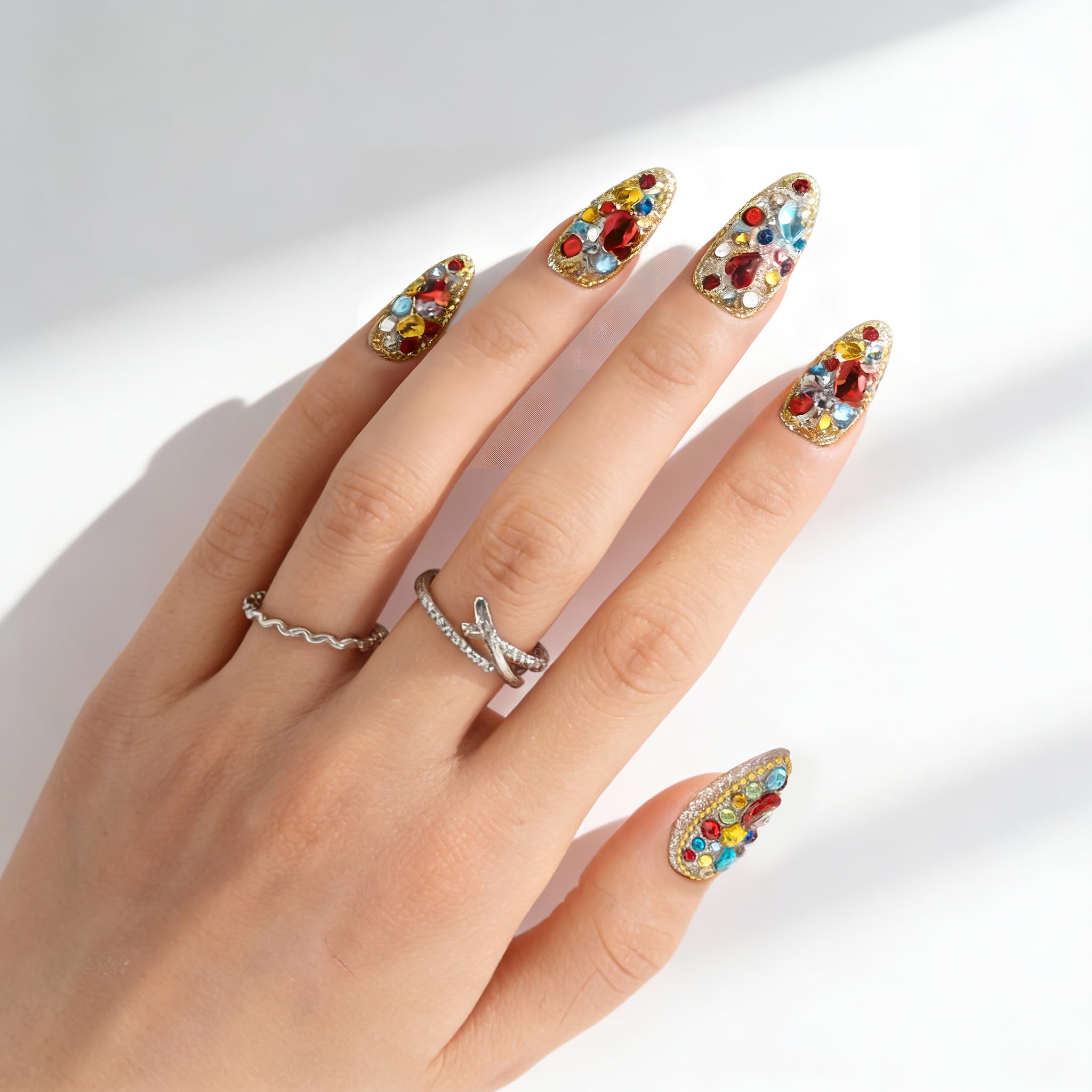 Atuhua 24Pcs Handmade Press-On Nails with Bling Rhinestones – Almond Medium Length, Colorful Design