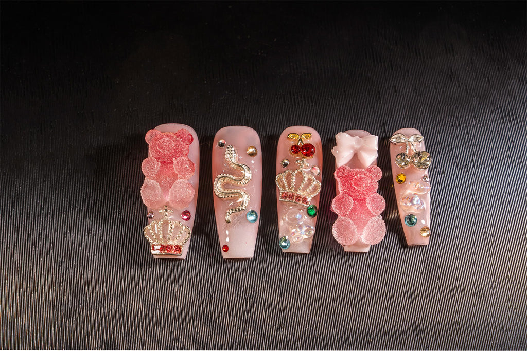 Atuhua 24Pcs Handmade Press-On Nails – 3D Pink Long Length Square Nails with Crystals