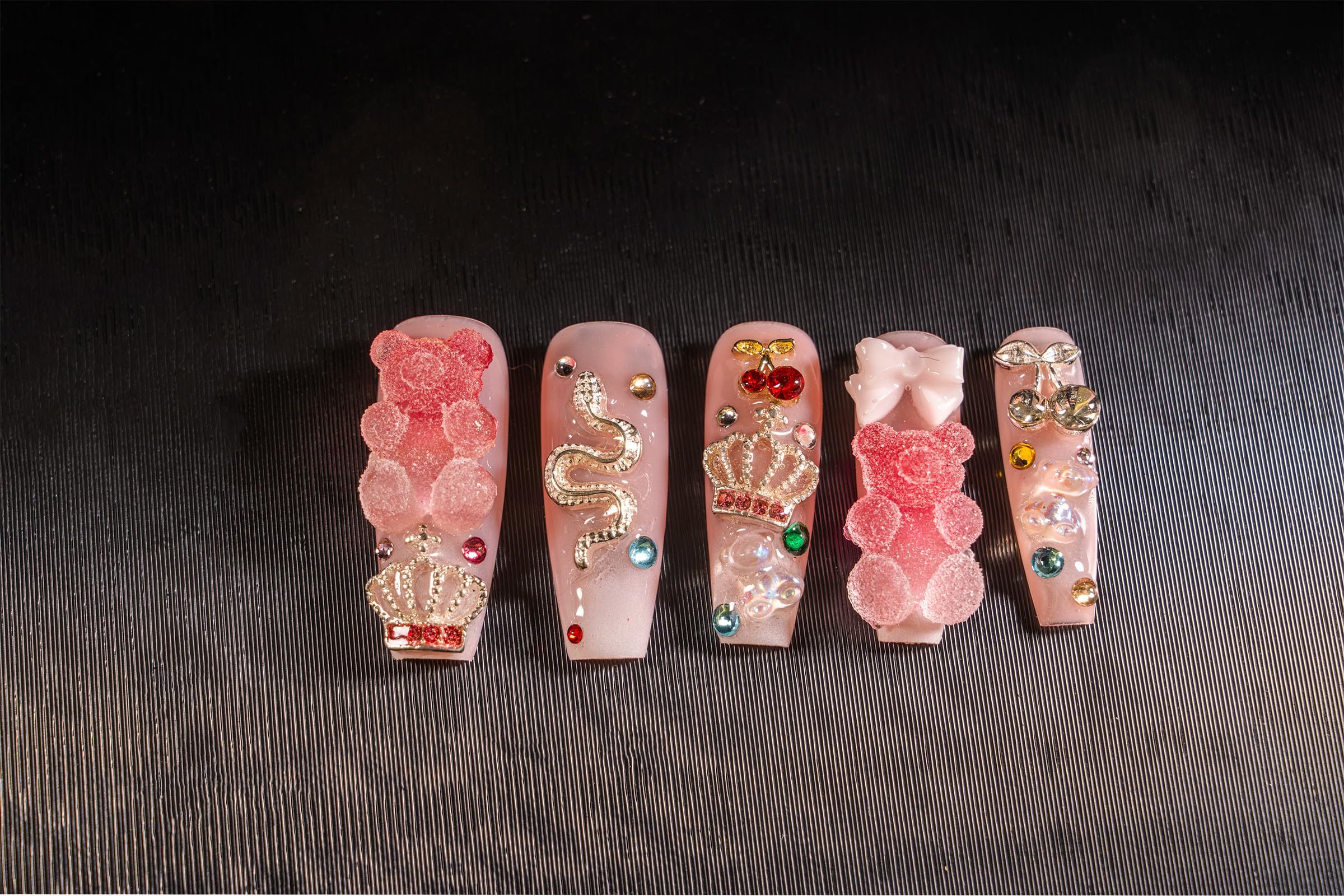 Atuhua 24Pcs Handmade Press-On Nails – 3D Pink Long Length Square Nails with Crystals