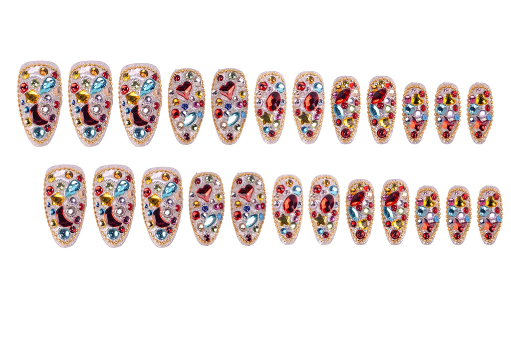 Atuhua 24Pcs Handmade Press-On Nails with Bling Rhinestones – Almond Medium Length, Colorful Design