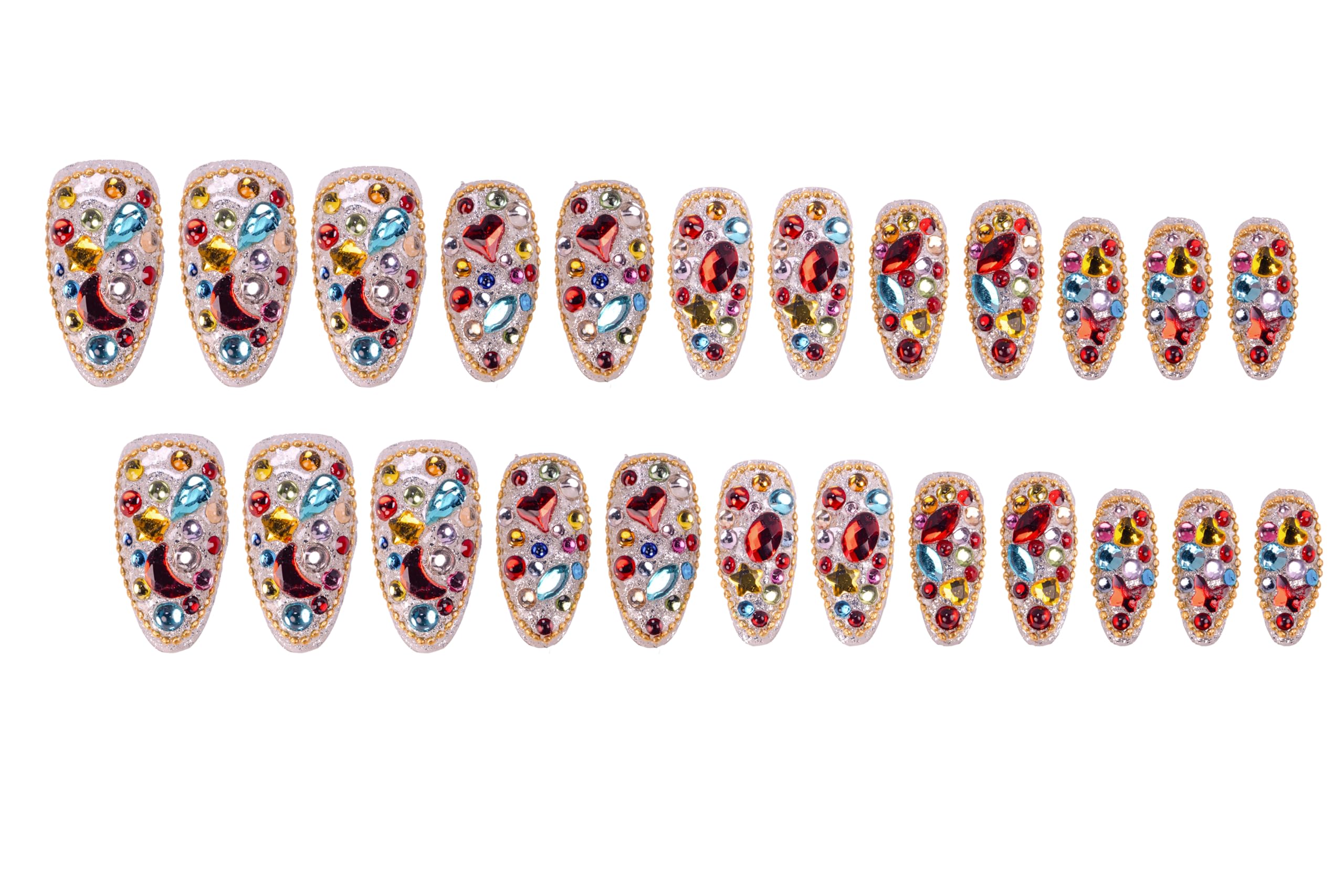Atuhua 24Pcs Handmade Press-On Nails with Bling Rhinestones – Almond Medium Length, Colorful Design