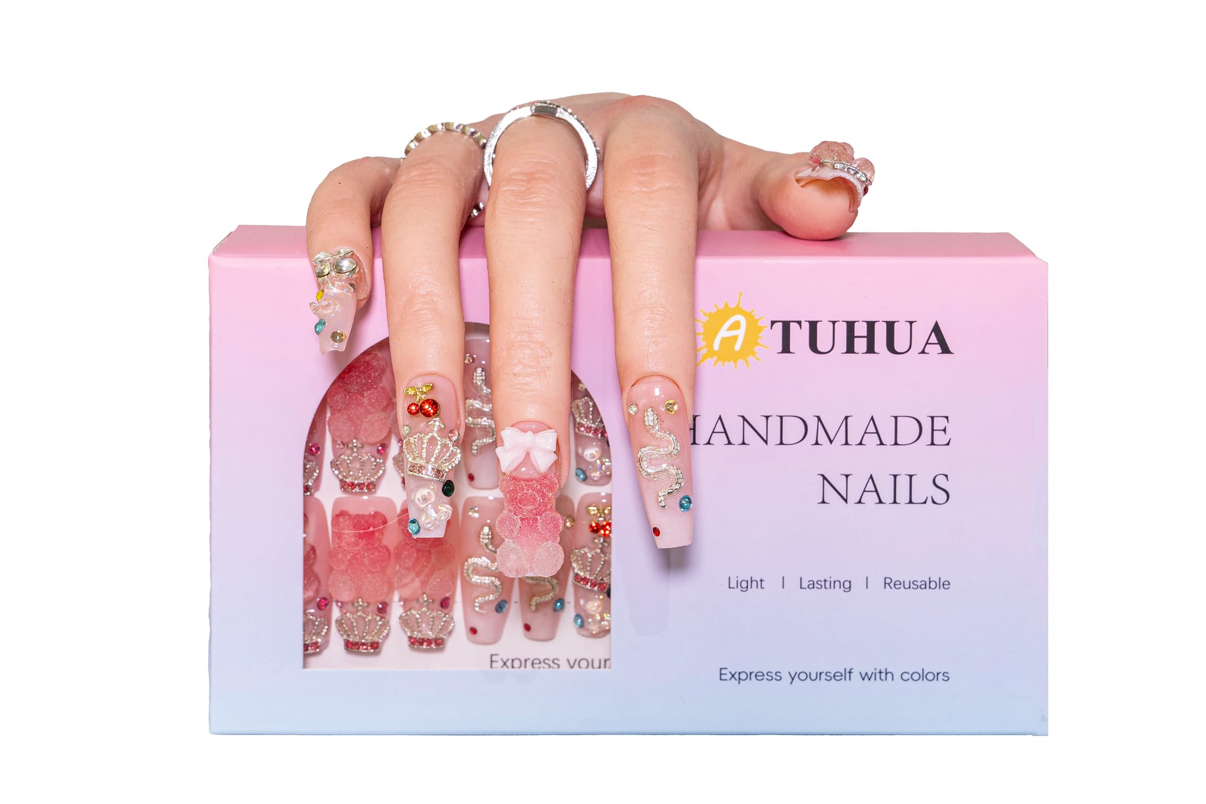 Atuhua 24Pcs Handmade Press-On Nails – 3D Pink Long Length Square Nails with Crystals