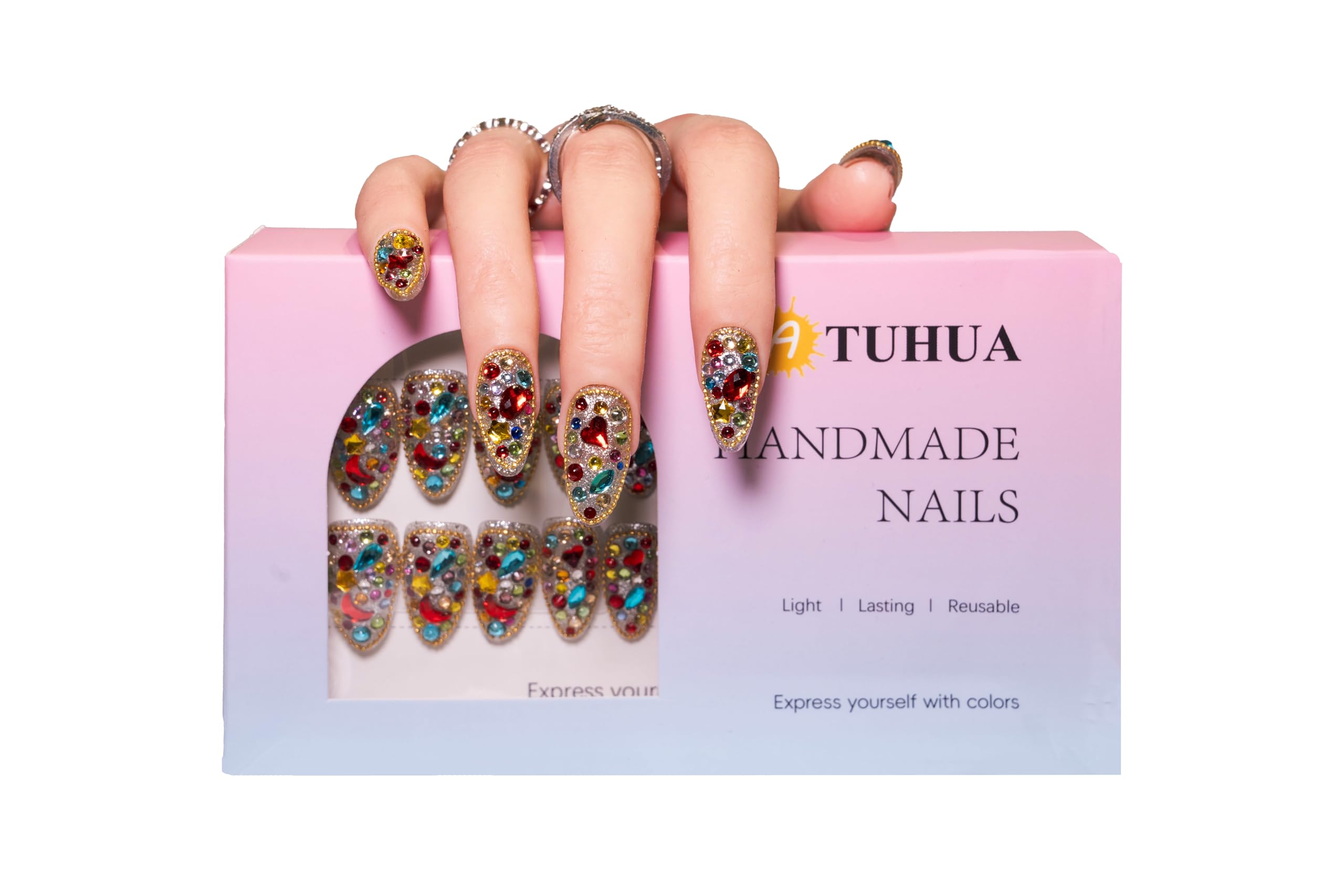 Atuhua 24Pcs Handmade Press-On Nails with Bling Rhinestones – Almond Medium Length, Colorful Design