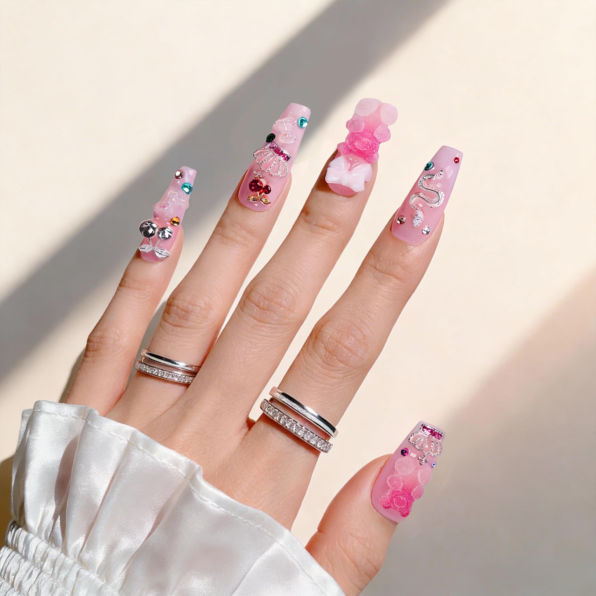 Atuhua 24Pcs Handmade Press-On Nails – 3D Pink Long Length Square Nails with Crystals