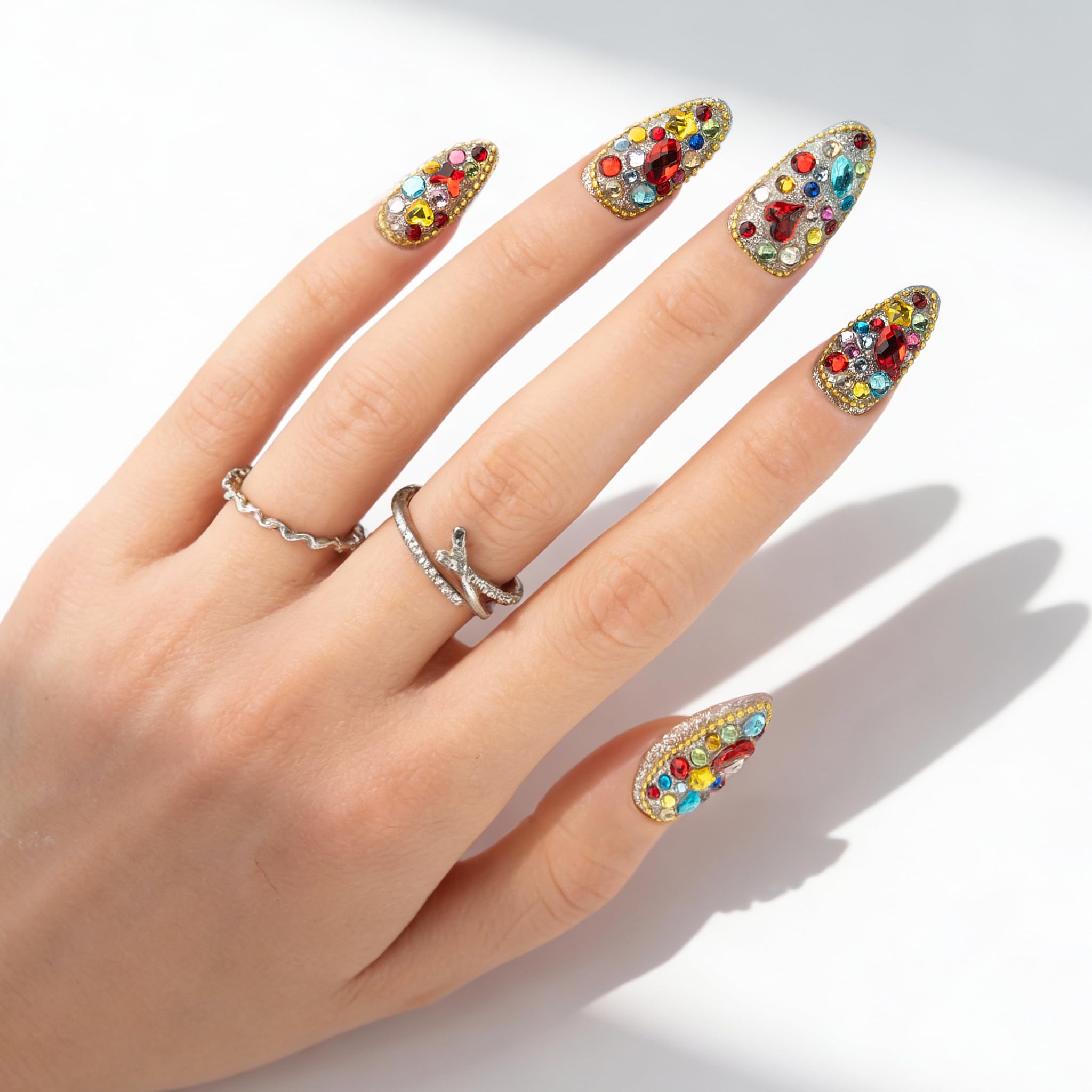 Atuhua 24Pcs Handmade Press-On Nails with Bling Rhinestones – Almond Medium Length, Colorful Design