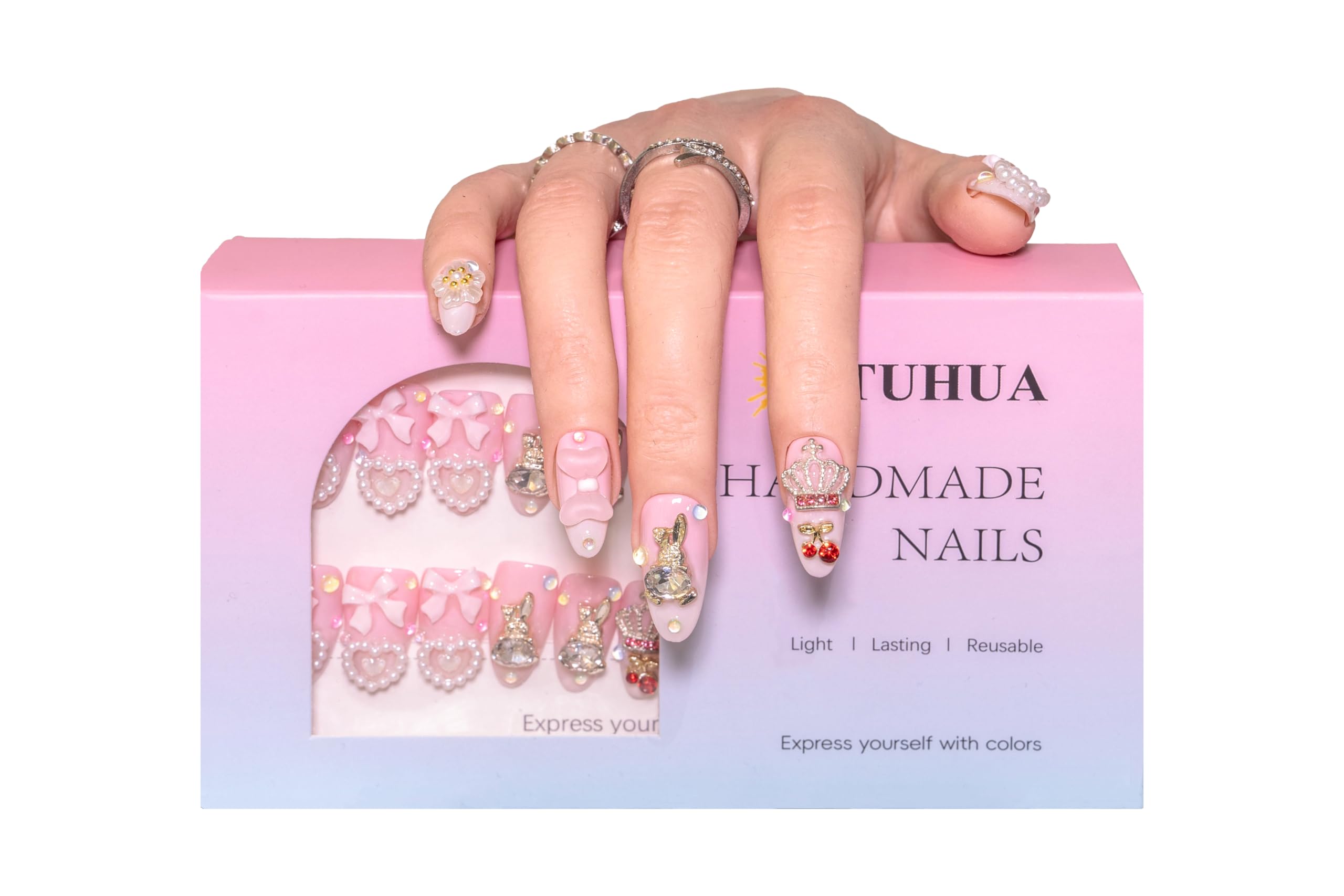Atuhua 24Pcs Handmade Press On Nails – 3D Pink Bow, Almond Length