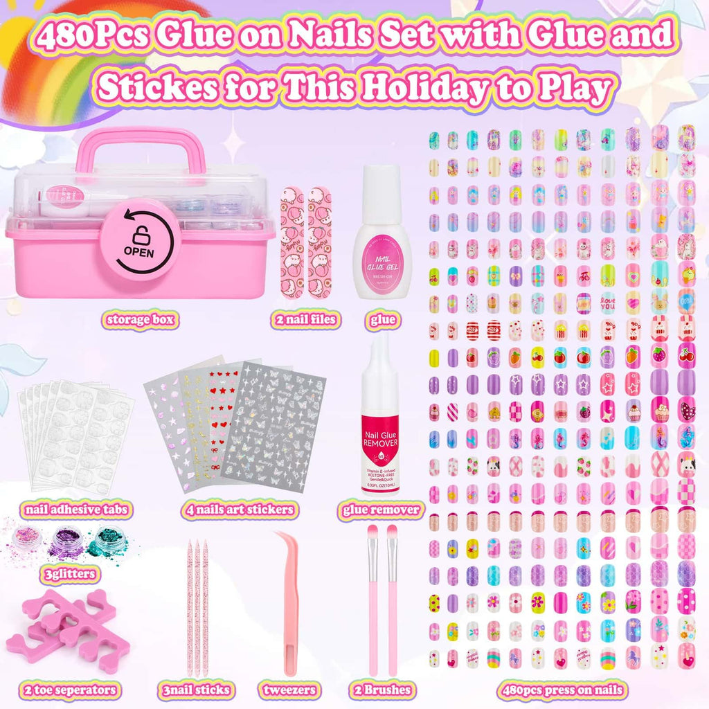 Audab 480 Pcs Kids Nails & Glue Kit — Press-On Nail Art for Girls 8–12