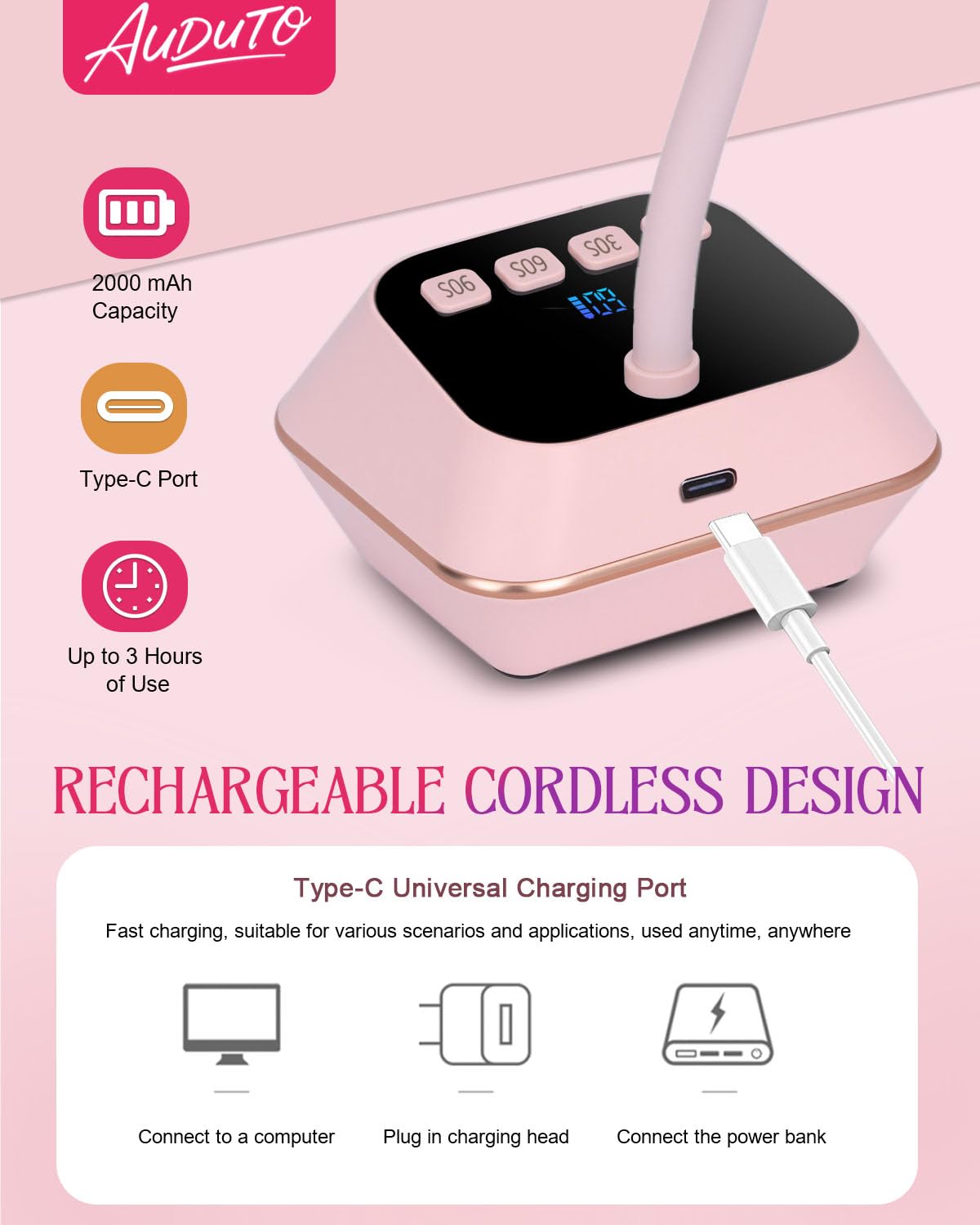 Auduto UV LED Nail Lamp 36W – Cordless Gooseneck Mini Dryer with Auto Sensor & Timers