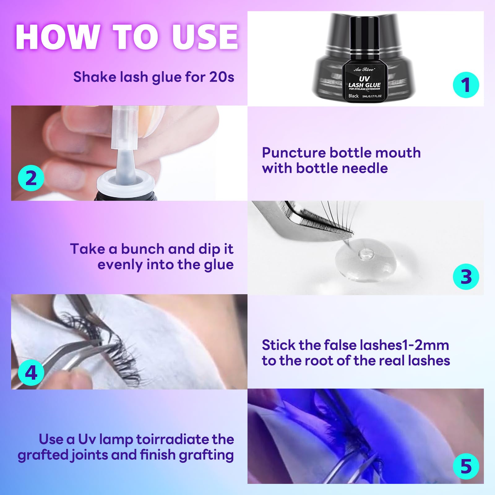 AuReve UV Eyelash Glue 5ml – 1s UV Cure, Waterproof & Long-Lasting (Purple)
