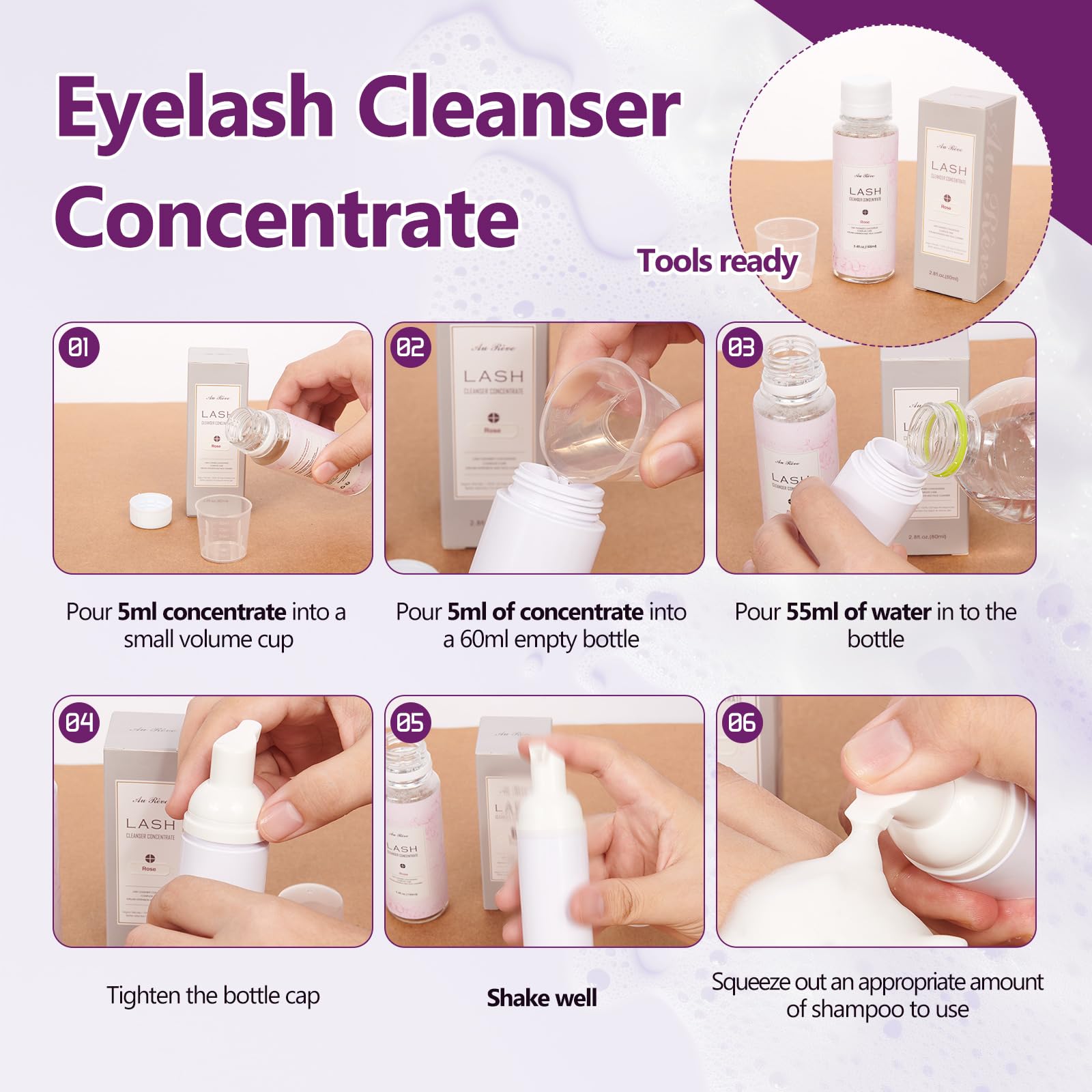 AuReve Lash Shampoo Concentrate 100ml – Oil-Free Eyelash Extension Cleanser for Salon & Home Care